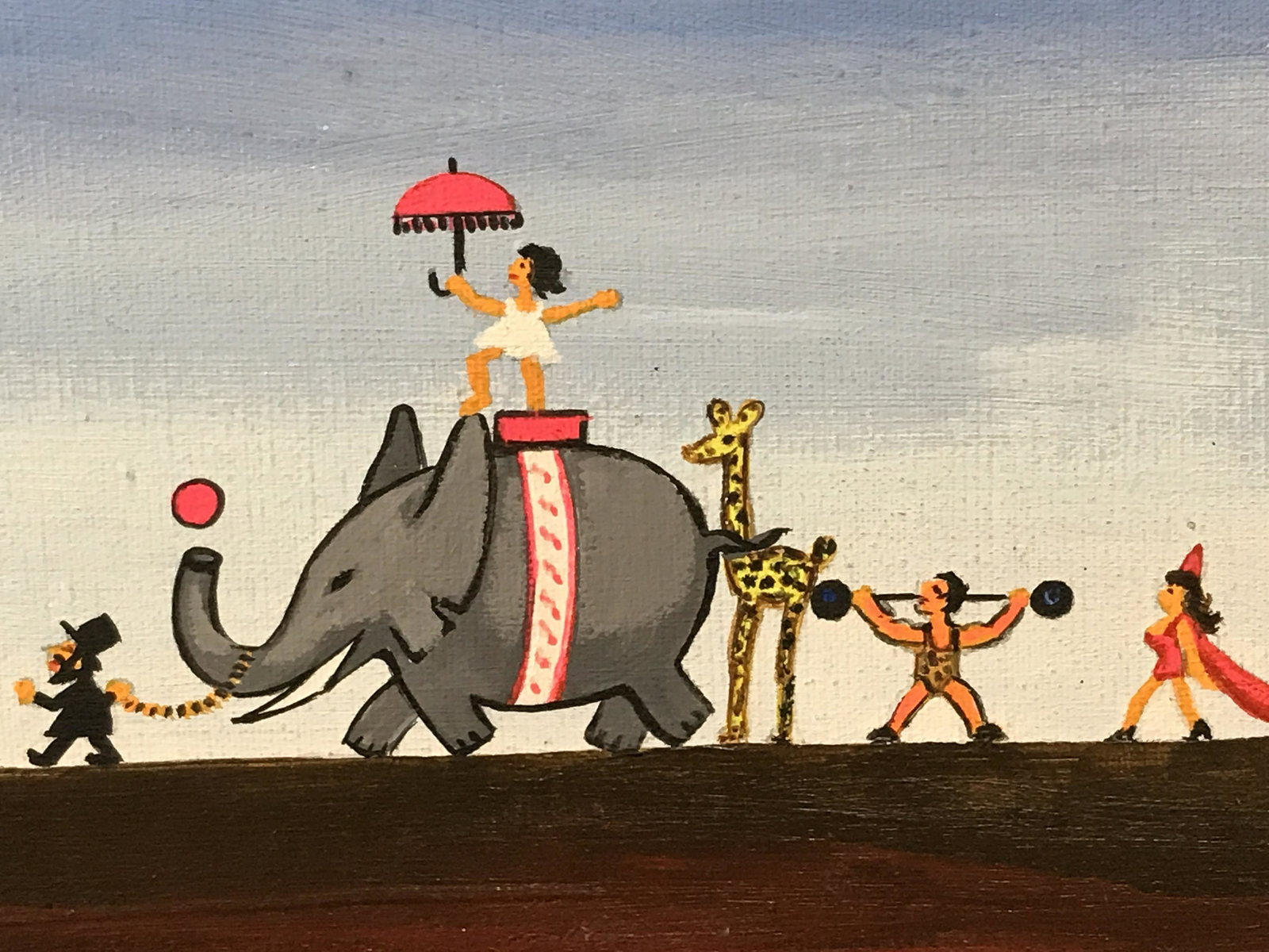 Signed Oil on Canvas Xavier Cugat: Signed oil on canvas, signed in black paint in the lower right corner reads X. Cugat, artist Xavier Cugat, subject a parade of circus folk in profile walking in a line, vibrant color palette, gilt woo