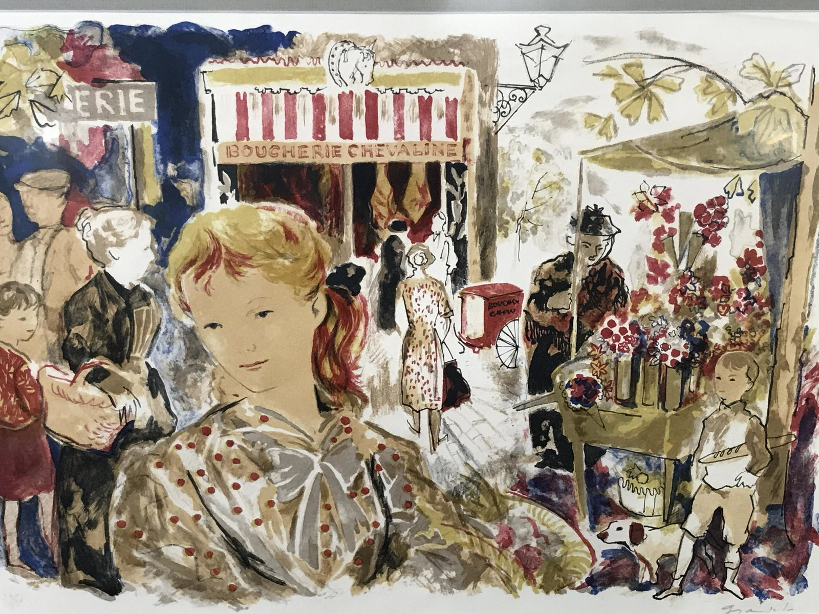 Signed Limited Edition French Lithograph: Signed limited edition French lithograph, signed illegibly in the lower right corner in pencil, edition in pencil in the lower left corner 26/220, subject depicts a busy market scene with booths of fl
