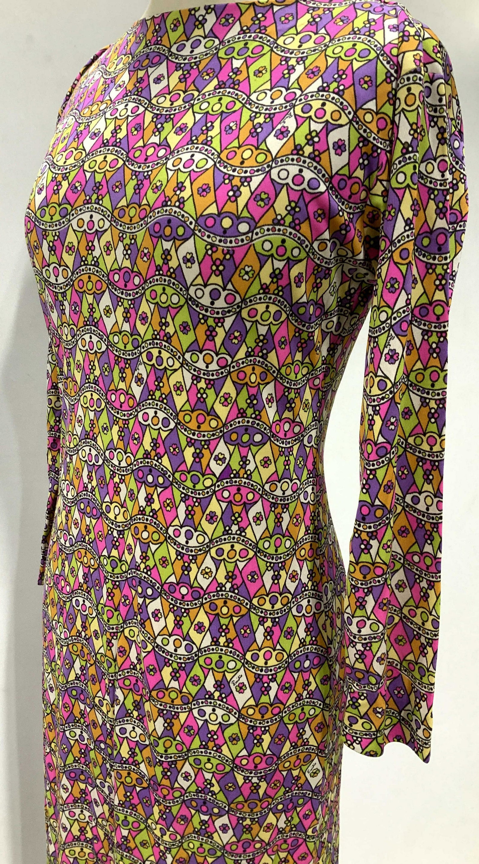 Vintage Emilio Pucci Vibrant Colorful Dress, Italy: Labeled for Emilio Pucci made in Italy, all silk fabric, label for Florence in Italy, vintage designer dress, vintage luxury designer dress, designer fashion, retro vintage fashion, wearable, fits siz