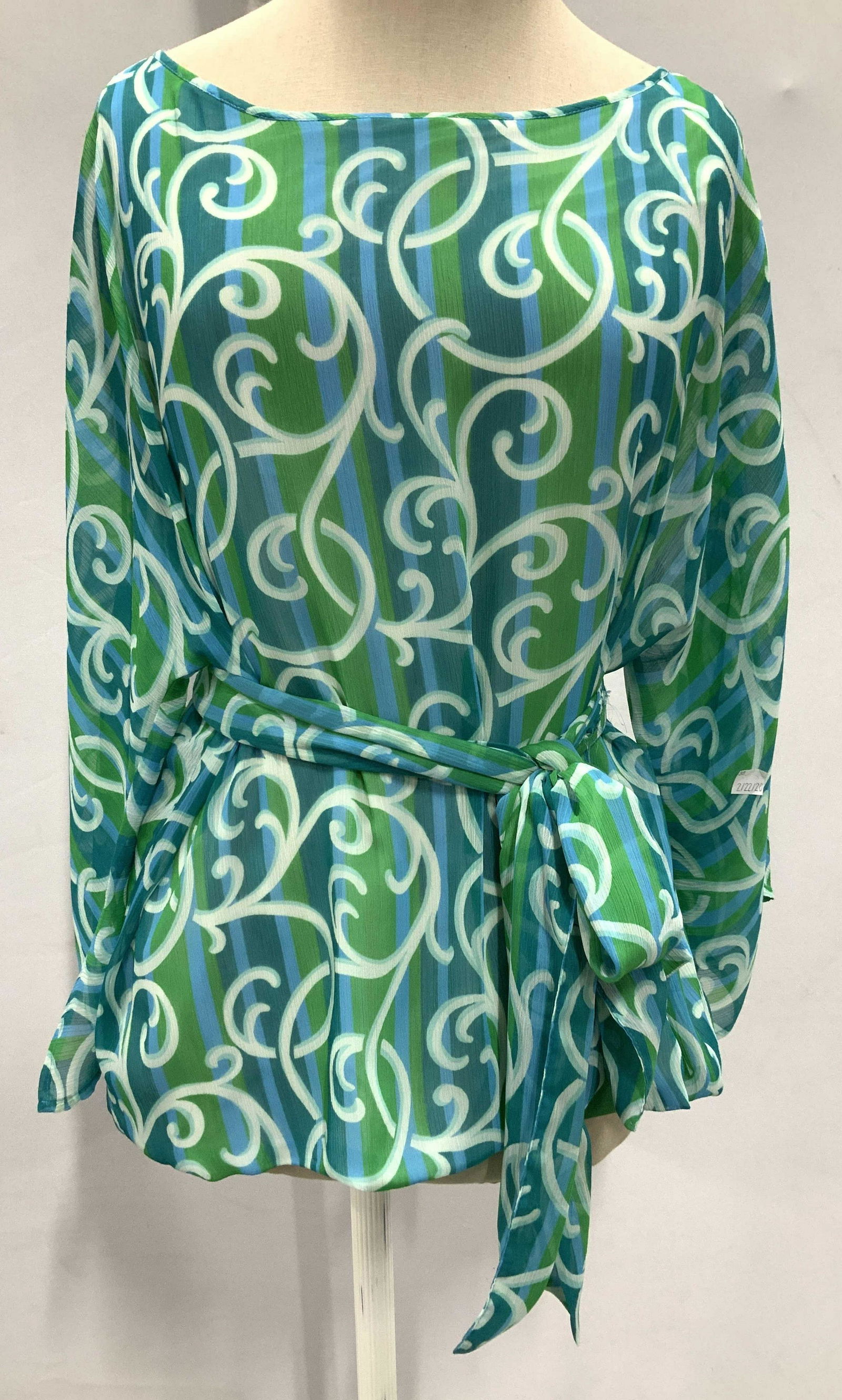 2 pcs Bob Mackie Vintage Spring Fashion Top: Vibrant blue green turquoise top, flower style, with coordinating waist neck or hair tie, designer vintage fashion, spring wearables, retro designer fashion, circa 1970’s,sized medium