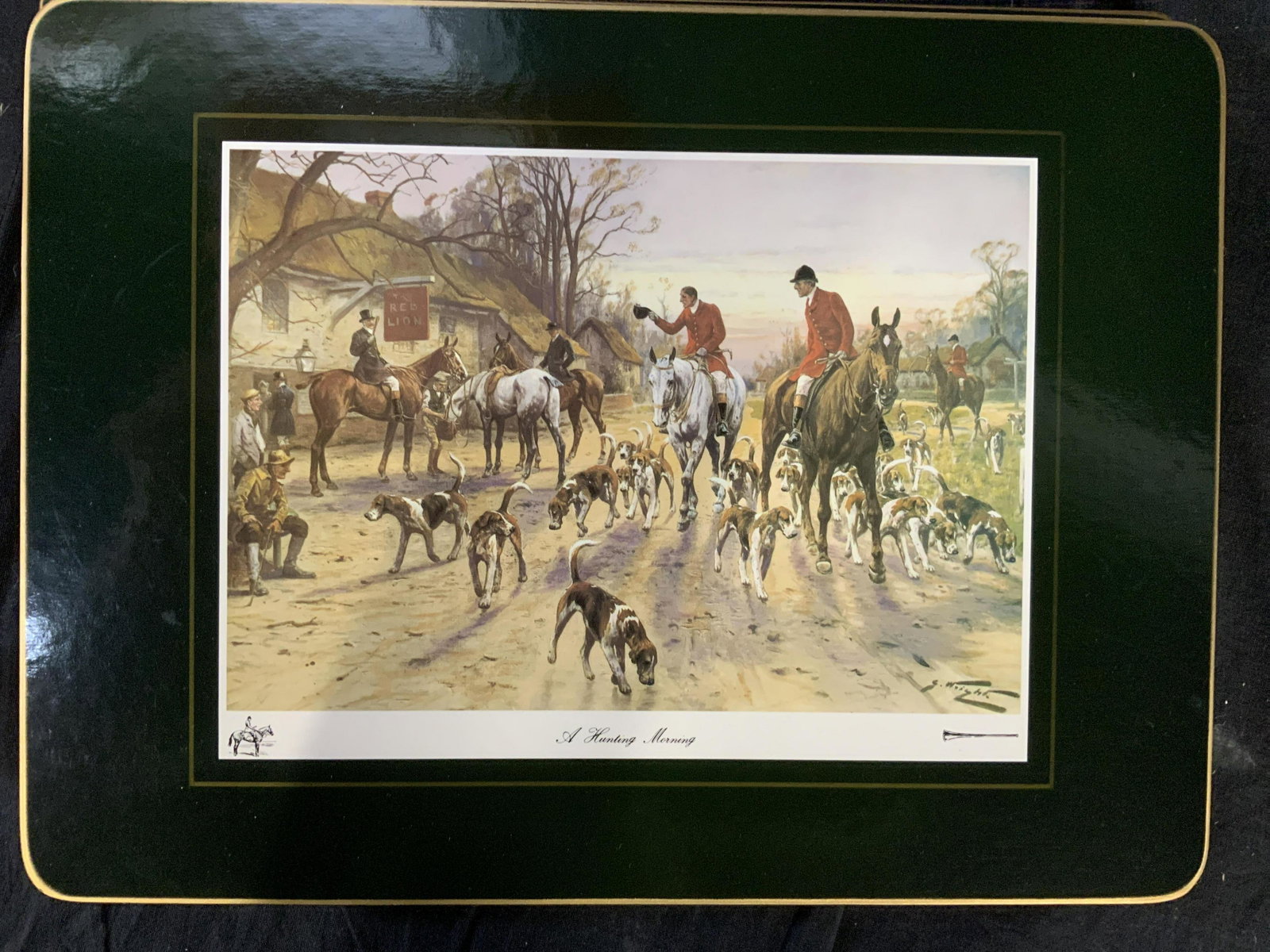 20 English Steeple Chase Place Mats by Cloverleaf: Made in England , hard wipeable surface ,board place mats w cork undersides, gold toned rims and scenes of steeple chase, fox hunts on each, scenes include A Hunting Morning, Full Cry, Gone Way, Retur