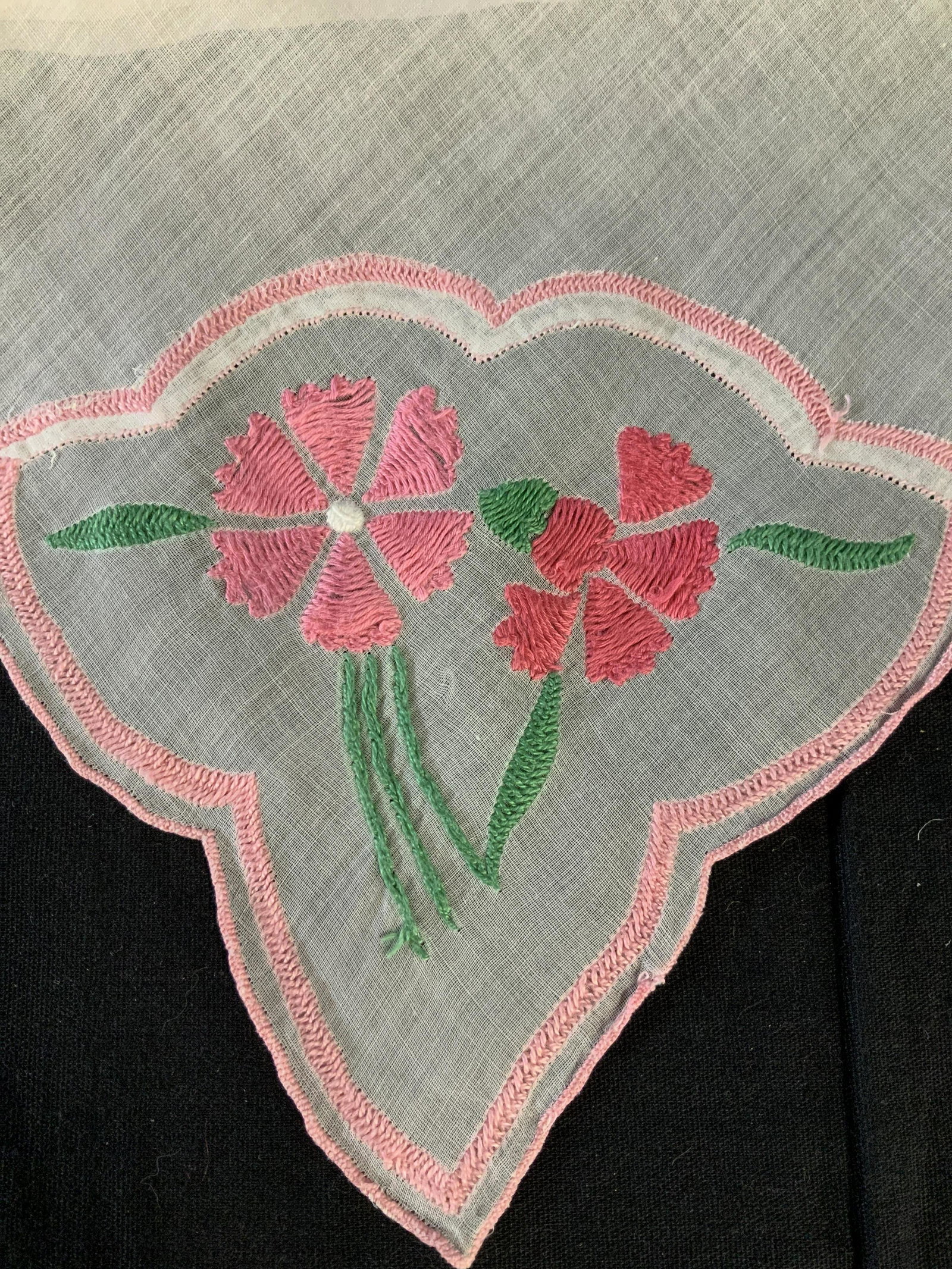 Group Blue White Pink Vintage Table Linens: Touch feels like silk organza , set of eight blue and white place mats with appliqué floral design, and set of 17 pink and white ultra soft napkins, pink and green appliqué floral details, all are w