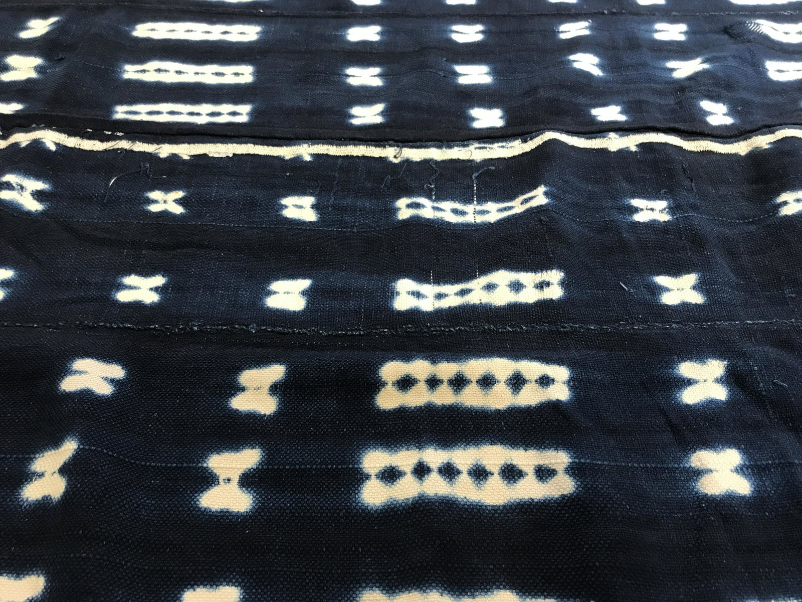 Vintage Côte d'Ivoire Indigo Textile: Vintage Indigo textile with white patterns, originates from The Ivory Coast West Africa officially Côte d'Ivoire a French-Colonial Legacy, overall in good condition, measures approximately 35.5 inche