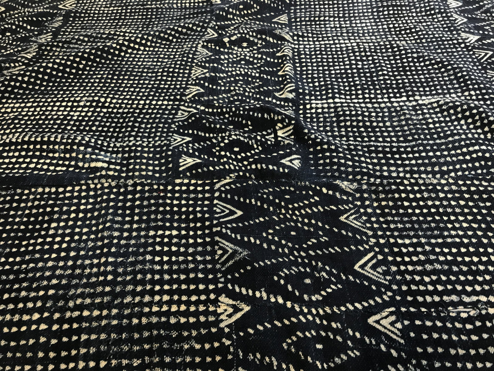 Vintage Côte d'Ivoire Indigo Textile: Vintage Indigo textile with white patterns, originates from Ivory Coast West Africa officially Côte d'Ivoire a French-Colonial Legacy, overall in good condition, measures approximately 40 inches wide