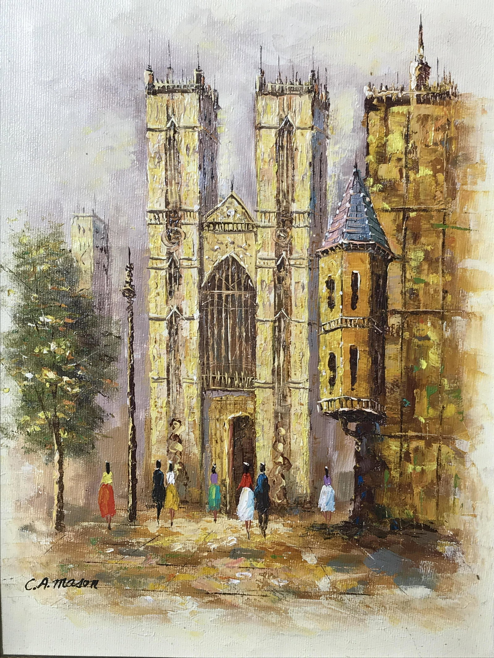 Signed Oil on Canvas C.A.Mason: C.A. Mason Signed Oil on Canvas, signed in the lower left corner in black paint C.A.Mason, subject gothic English style gatehouse and Tower with people walking on the street, done in an impressionist 