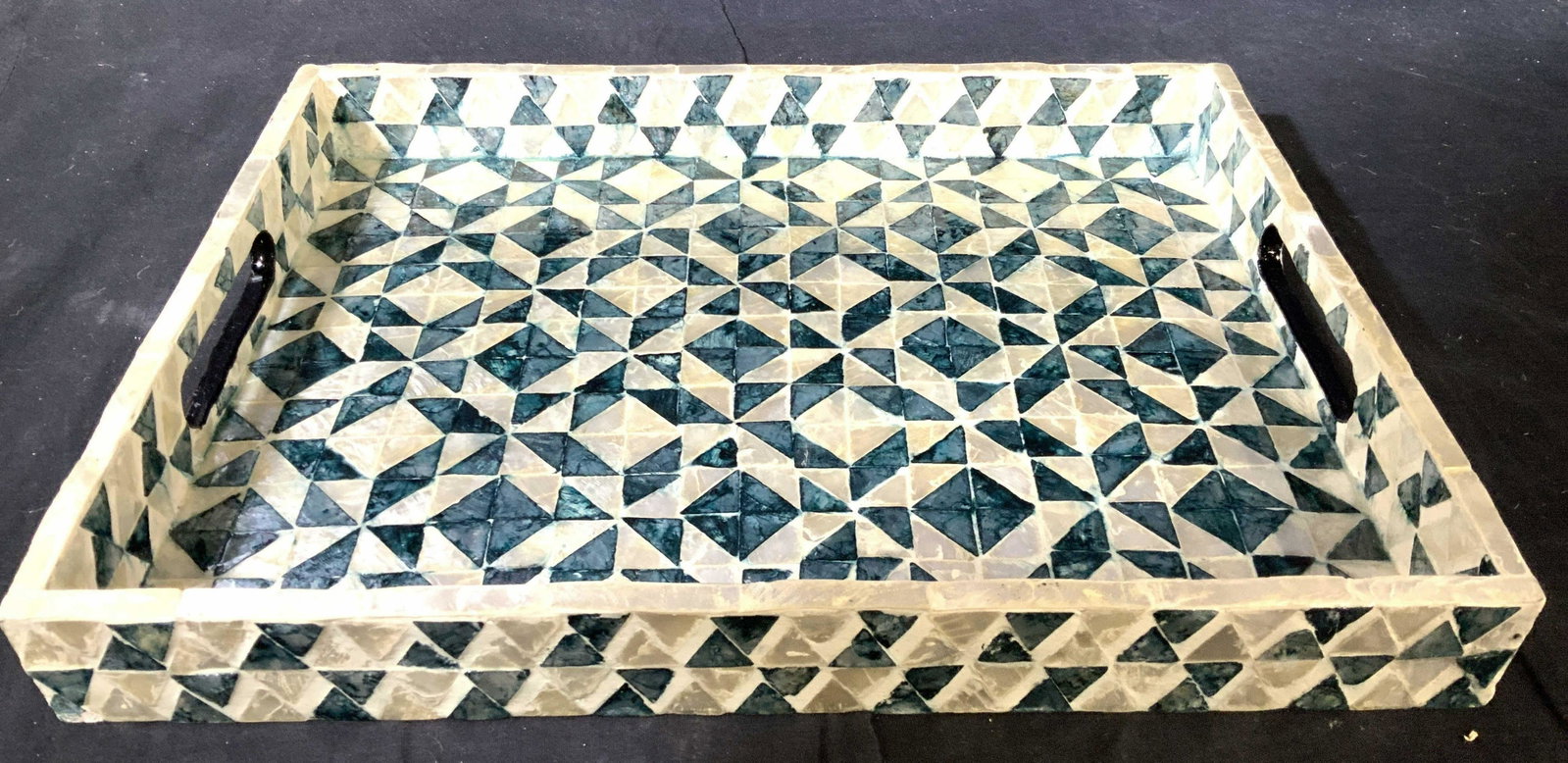 TOZAI Tessellated Green White Shell Tray: Green white shell mosaic tray, server, table ware, decorative accessories, home accessories, good condition tray measures ht 2 inches, 16 by 12 inches, wood serving tray, drinks tray,