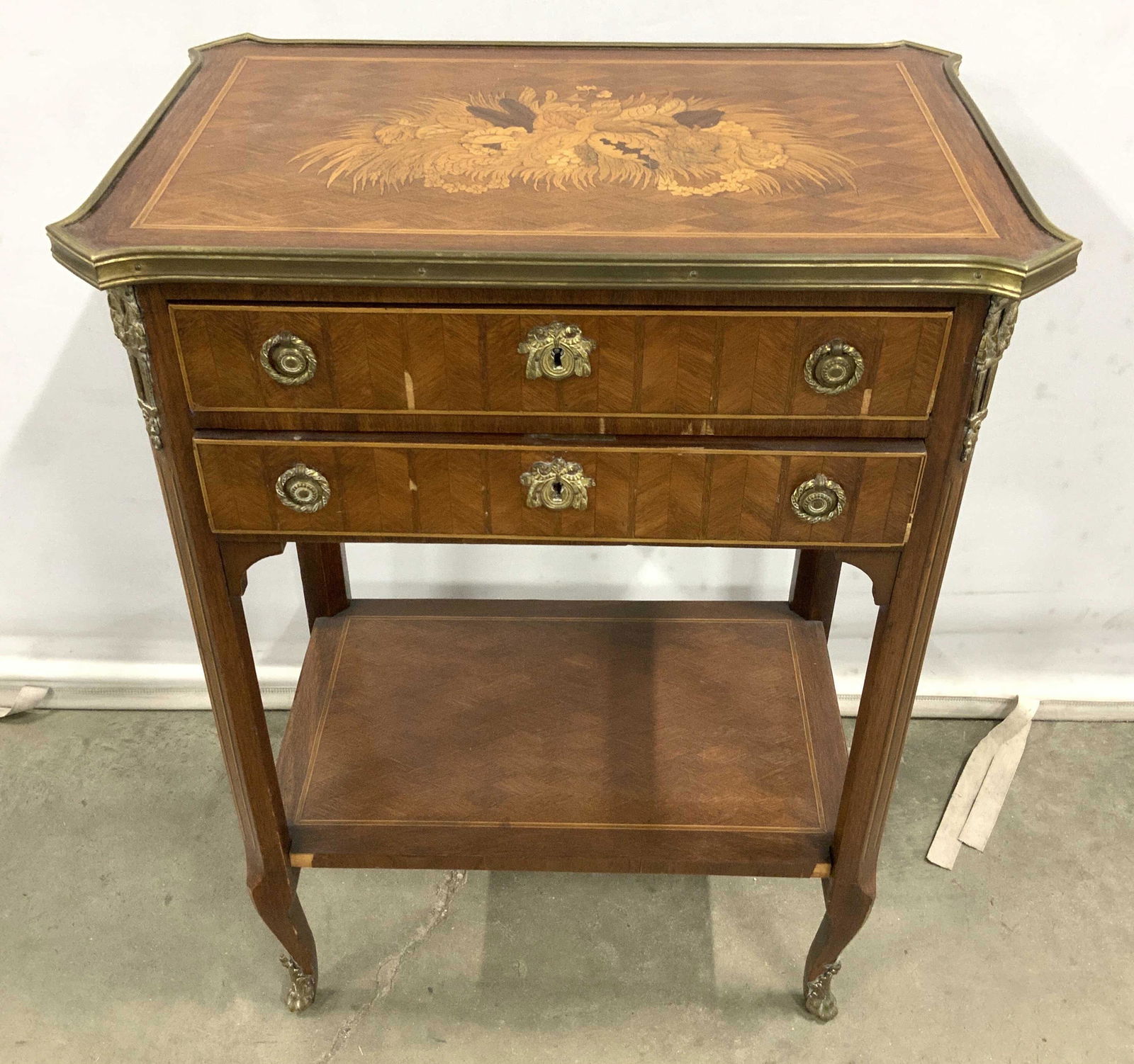 Antique Inlaid Marquetry End Table: With gilded metal detailing on gallery, hardware, trim and feet, vintage possibly antique night stand, end table, side table, night table, measures 29 inches, top 14 by 22 inches, some wear to veneer