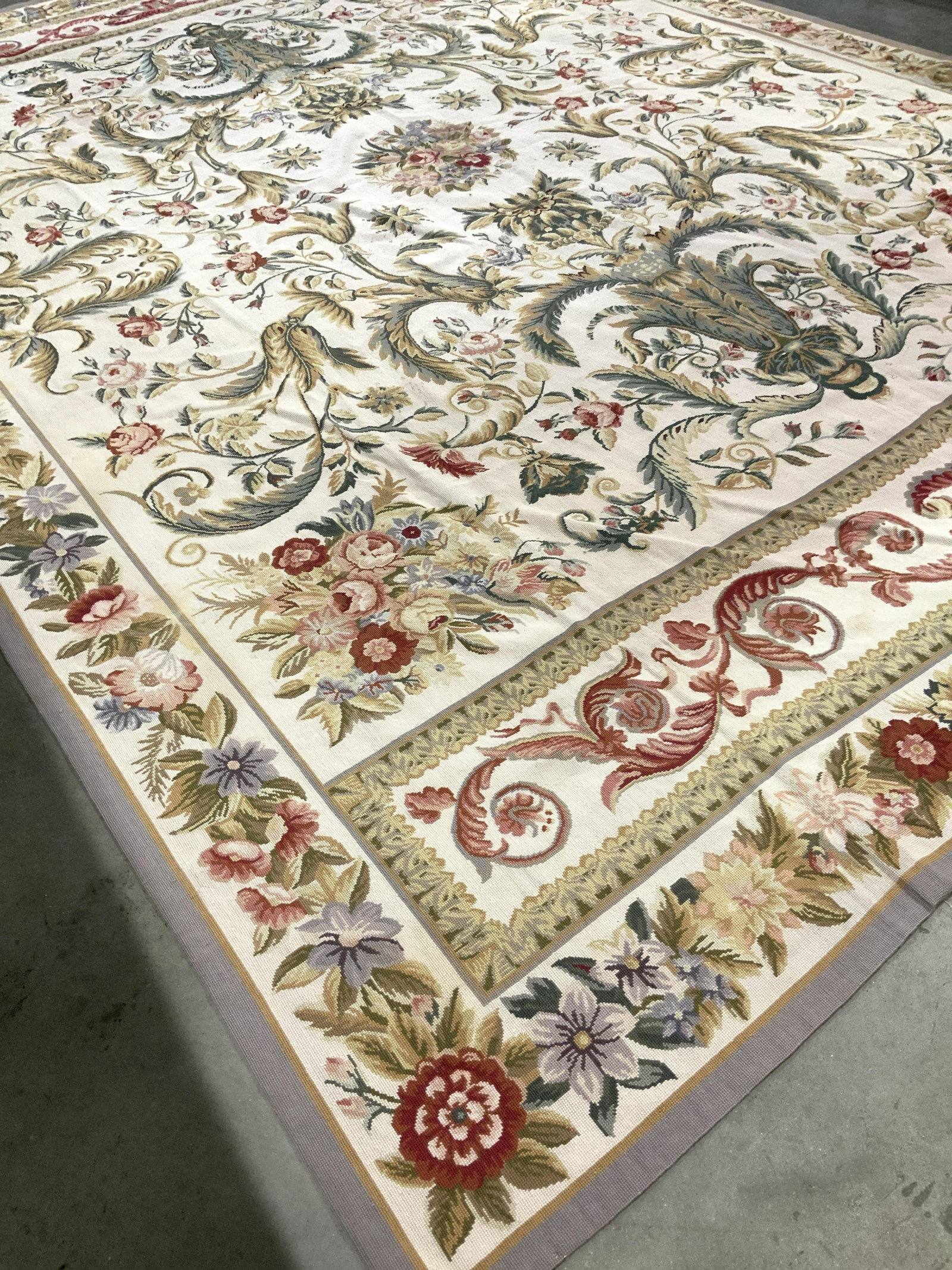 Hand Made Room Size French Aubusson Carpet: Hand made carpet, French Aubusson carpet, vines roses on beige toned ground, detailed border, carpet, rug, French decorative arts measures app 170 by 118 inches needlepoint carpet, hand made carpet, h
