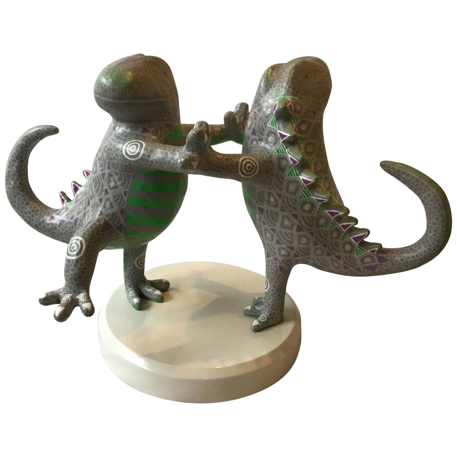 A.HANSEN ,1987, Dancing Salamander Sculpture: Hand crafted painted whimsical Sculpture , Material possibly Resin, depicting two standing dancing salamanders on circular base, signed A. Hansen, dated 1987, numbered 2 of 10, good condition, height