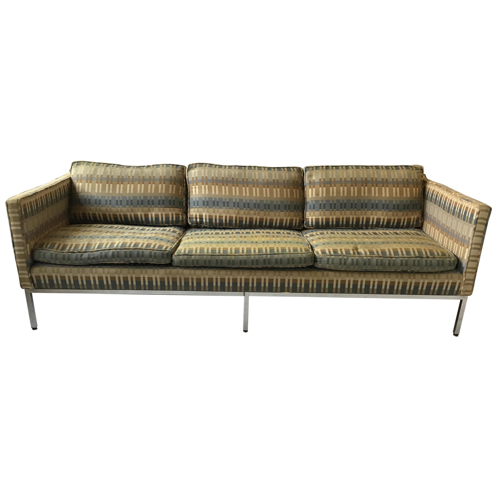 MCM C1960 Attr Milo Baughman Chrome Sofa: Circa 1960’s mid century modern sofa, attributed to Milo Baughman, straight back chrome frame, tuxedo sofa, chrome frame Chrome trim, chrome feet three seat loose back and seats, upholstered arms, t