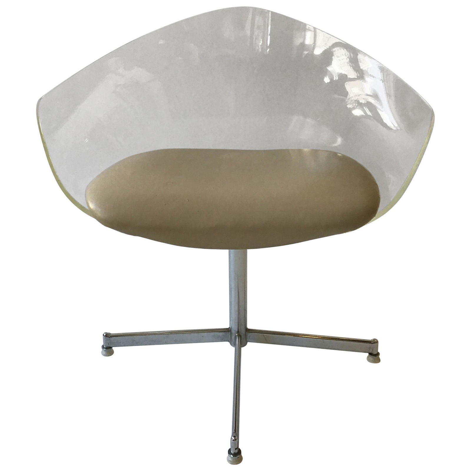 JANSKO MCM Sculptural Lucite Swivel Chair: Label on underside reads made by JANSKO, Fort Lauderdale Florida, Circa 1970’s Sculptural architectural style lucite chair, tub chair, swivel chair, side chair, original fabric has wear, measures ht