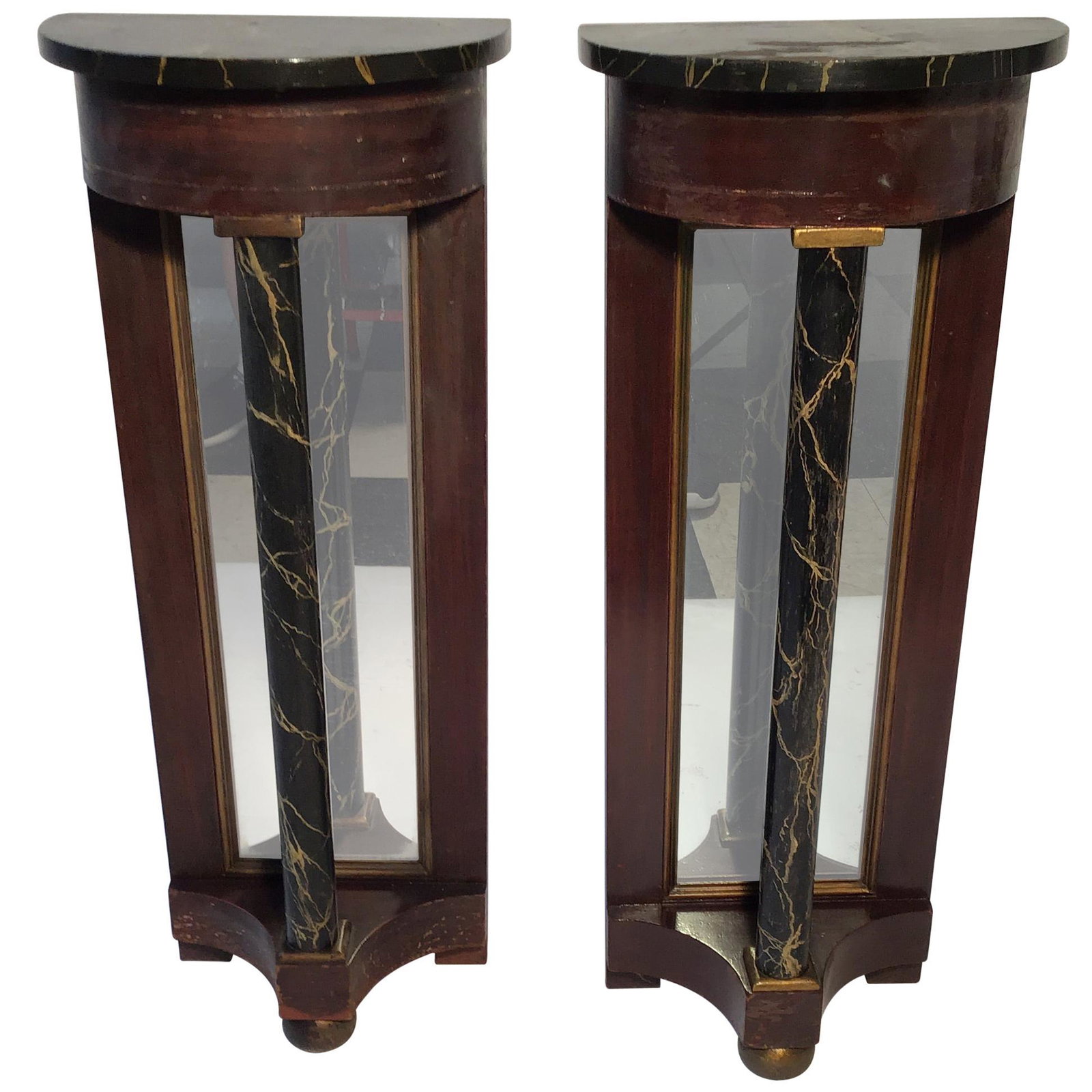 Pair Neo Classical small Consoles Stands: Pair, small consoles, demilunes, side tables, faux painted wood with columns and mirrored backs, property of East Hampton New York Estate, Circa 1950’s Neo classical style, tops come off, some sligh