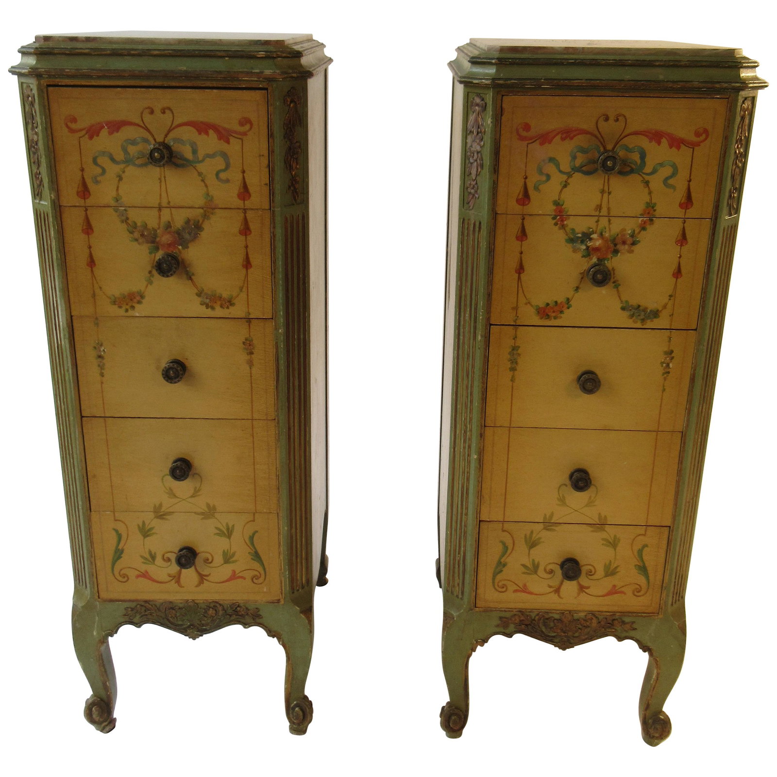 Pair Antique Painted Marble Top Side Tables: Pair Circa 1920’s hand painted tall side table, end tables, night stands, night tables, each with marble top, five drawer chests, shirt cabriole legs, ormolu details, hand dive tails, Adams style an