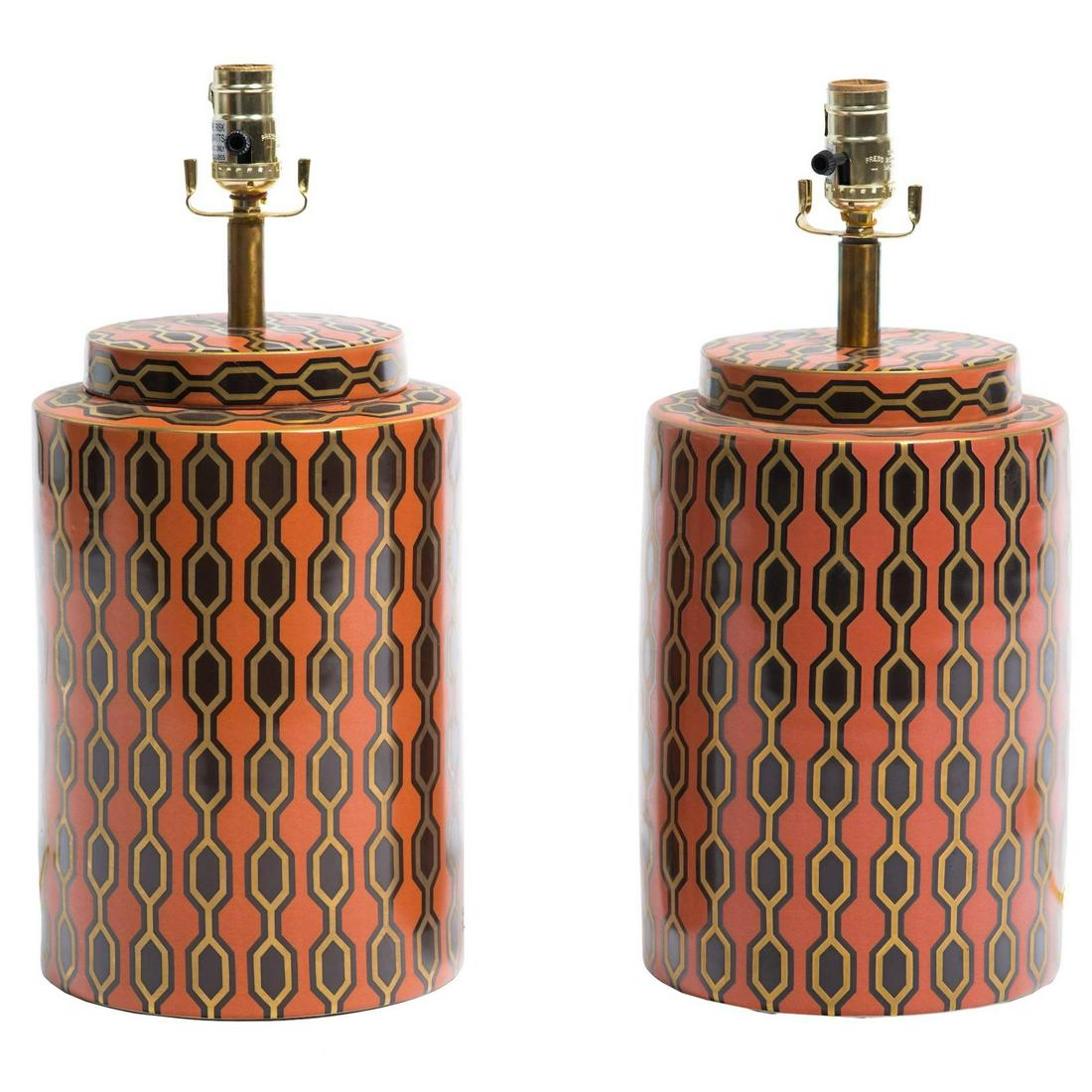 Pair KELLY HOPPEN Porcelain Tea Jar Lamps: Colorful porcelain lamps in tea canister for, geometric pattern detail, luxury designer Kelly HOPPEN Home decorative arts, furniture, lighting, table lamps, salmon pink tones, orange coral tones gold 