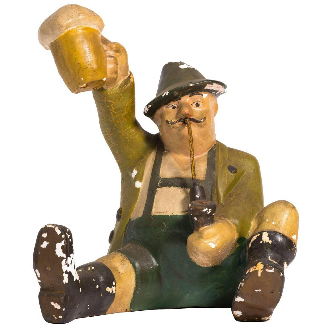 German Brewery Ceramic Figural Ad, c1930: Ceramic plaster heavy weight German Figural in caricature style, drinking beer with mugs, floor size hand painted sculpture, German breery advertisement, promotions signage, 1939’s vintage advertisi