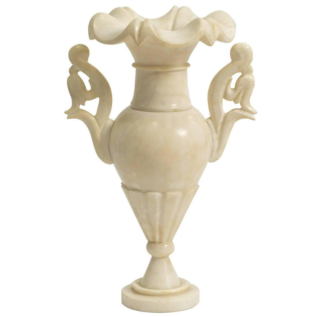 Floor Sized Carved Marble Urn Vessel: Vintage Italian marble vessel, Two pieces, trophy form pedestal fluted base, scrolled curled Arne, ringed neck and scalloped fluted opening, was once a lamp, can be re wired as lamp with light up inte
