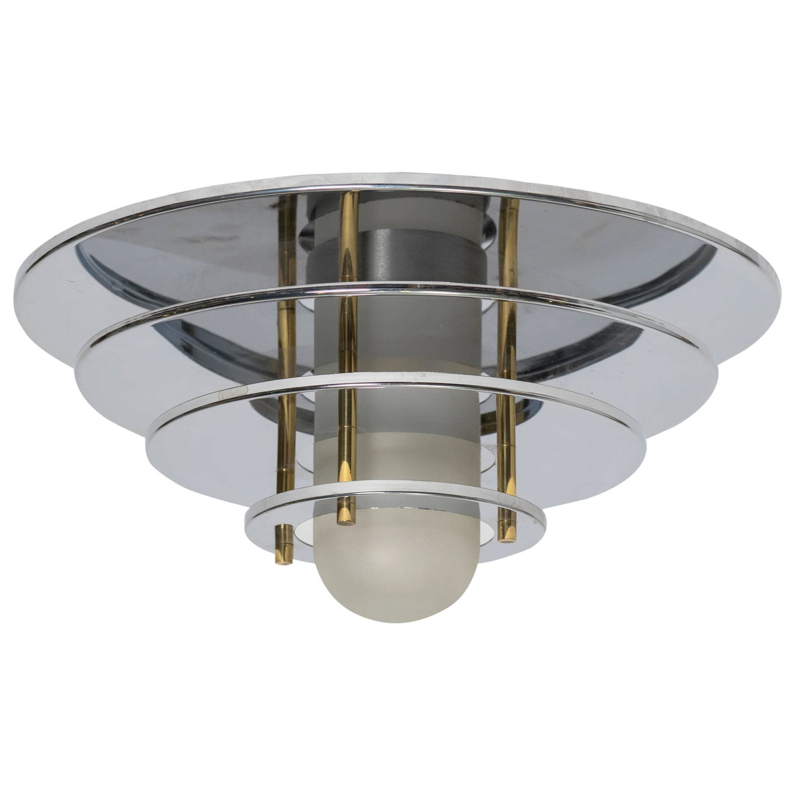 Pair C1980’s Flush Mount Chrome Lighting Fixtures: Pair Retro Chrome light Fixtures, layered chrome discs, tiered circles flush mount as ceiling fixtures or as pair of wall sconces, brass accents, mod style, atomic age style, retro glam style, chrome 