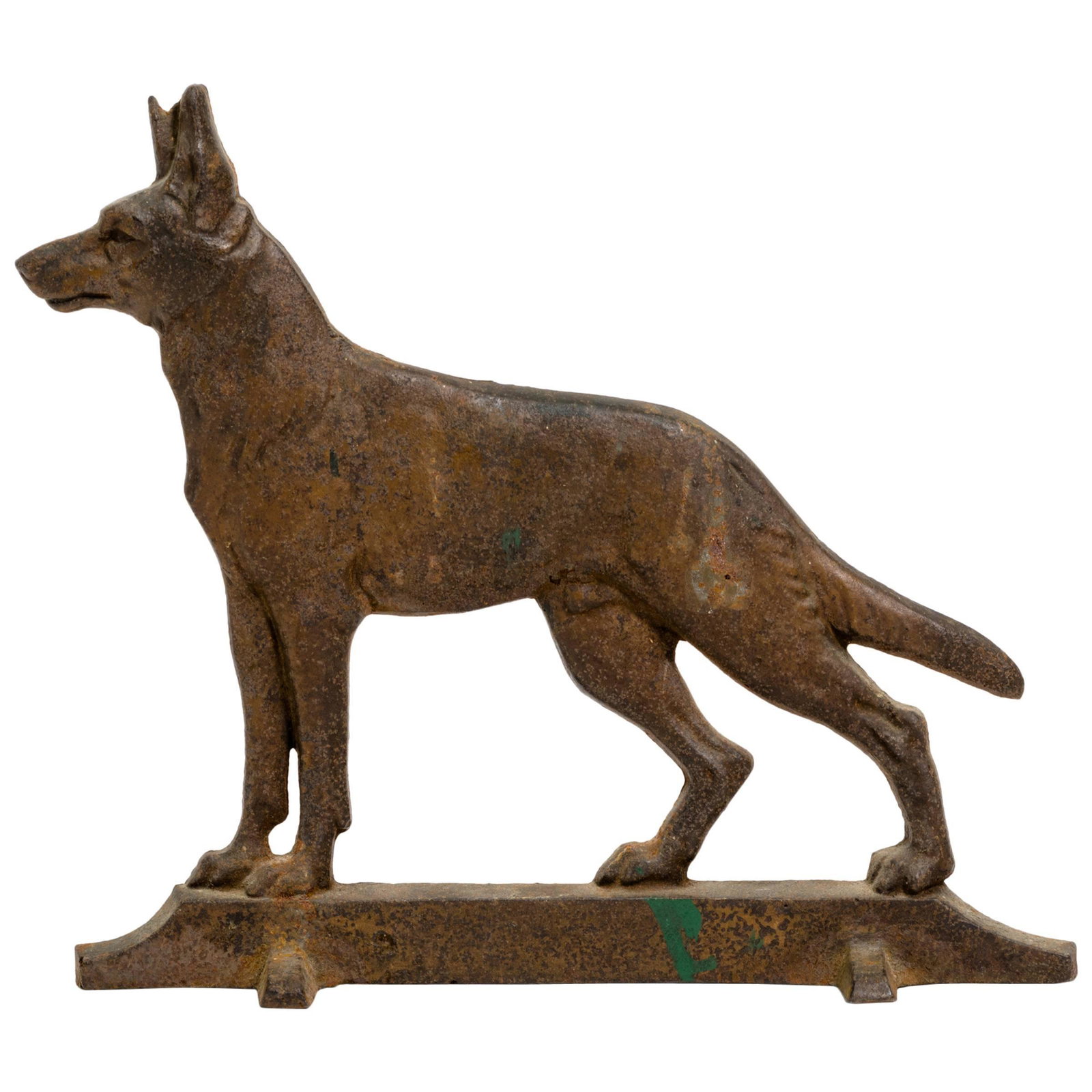 Vintage Iron Dog Doorstop: German Shepard Iron Door Stop, cast iron dog, Figural dog sculpture, folk art, collectible iron door stop, circa 1960’s, decorative arts, German Shepard Door Stop, wear consistent w age and use, mea