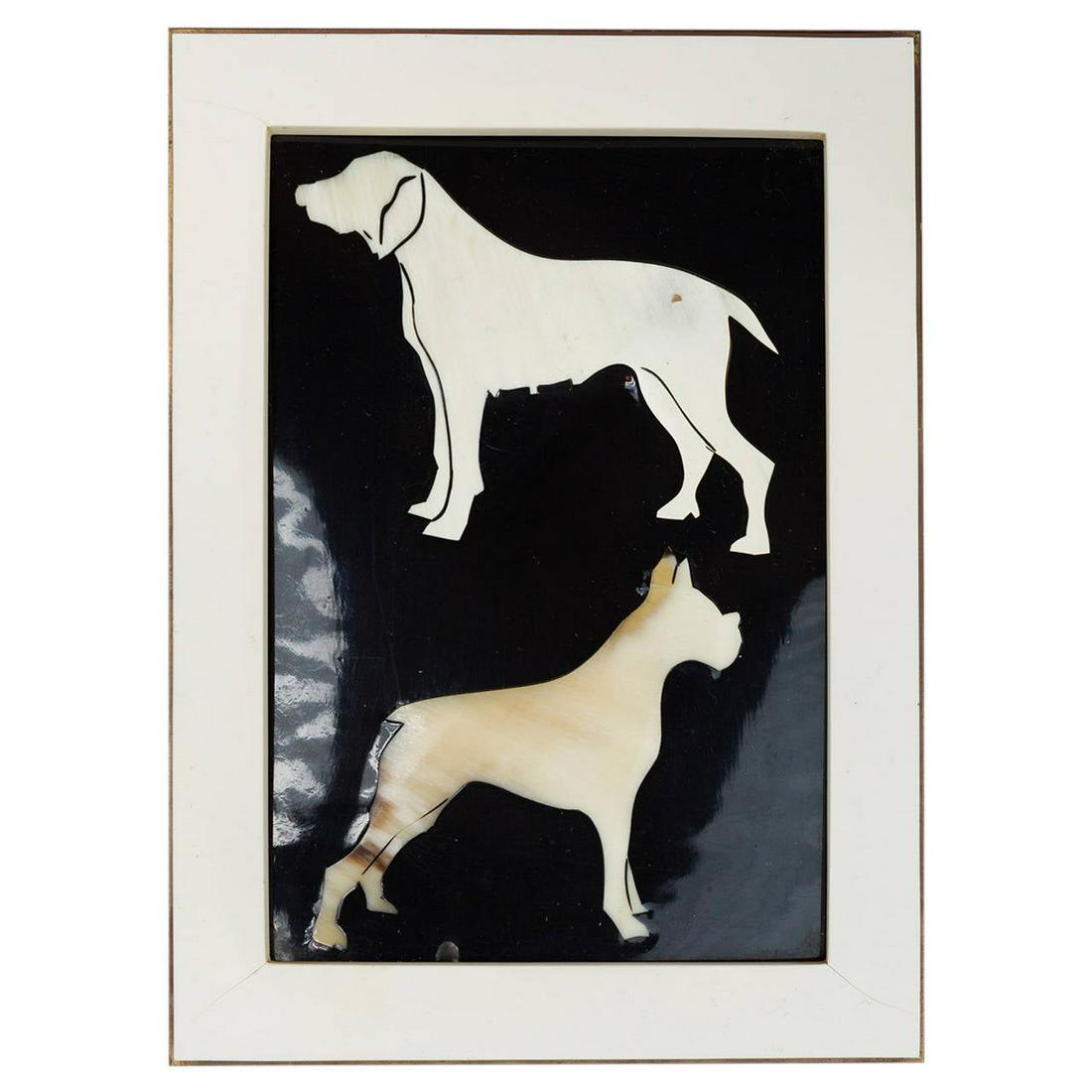 Italian Horn and Resign Dog Artwork: Vintage framed dog artwork, dog themed artwork, hand sculpted horn silhouettes of two dogs in crafted resin frame, made in Italy, wall art, folk art, Italian crafts, two dogs may be a boxer and a Labr