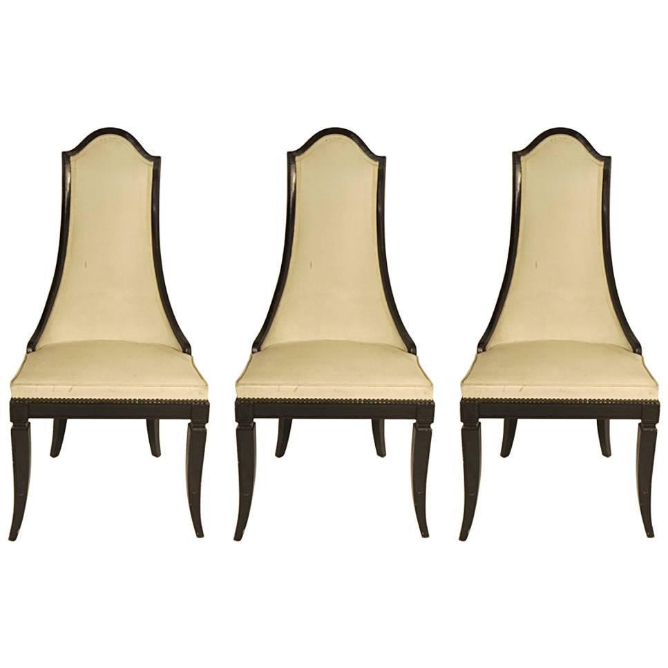 Set 3 MCM Extended Back Retro Side Chairs: Circa 1970’s French style upholstered wood framed chairs, French regency style, Hollywood style, great lines, one chair needs Re fastening, original upholstery has wear, three retro French style cha