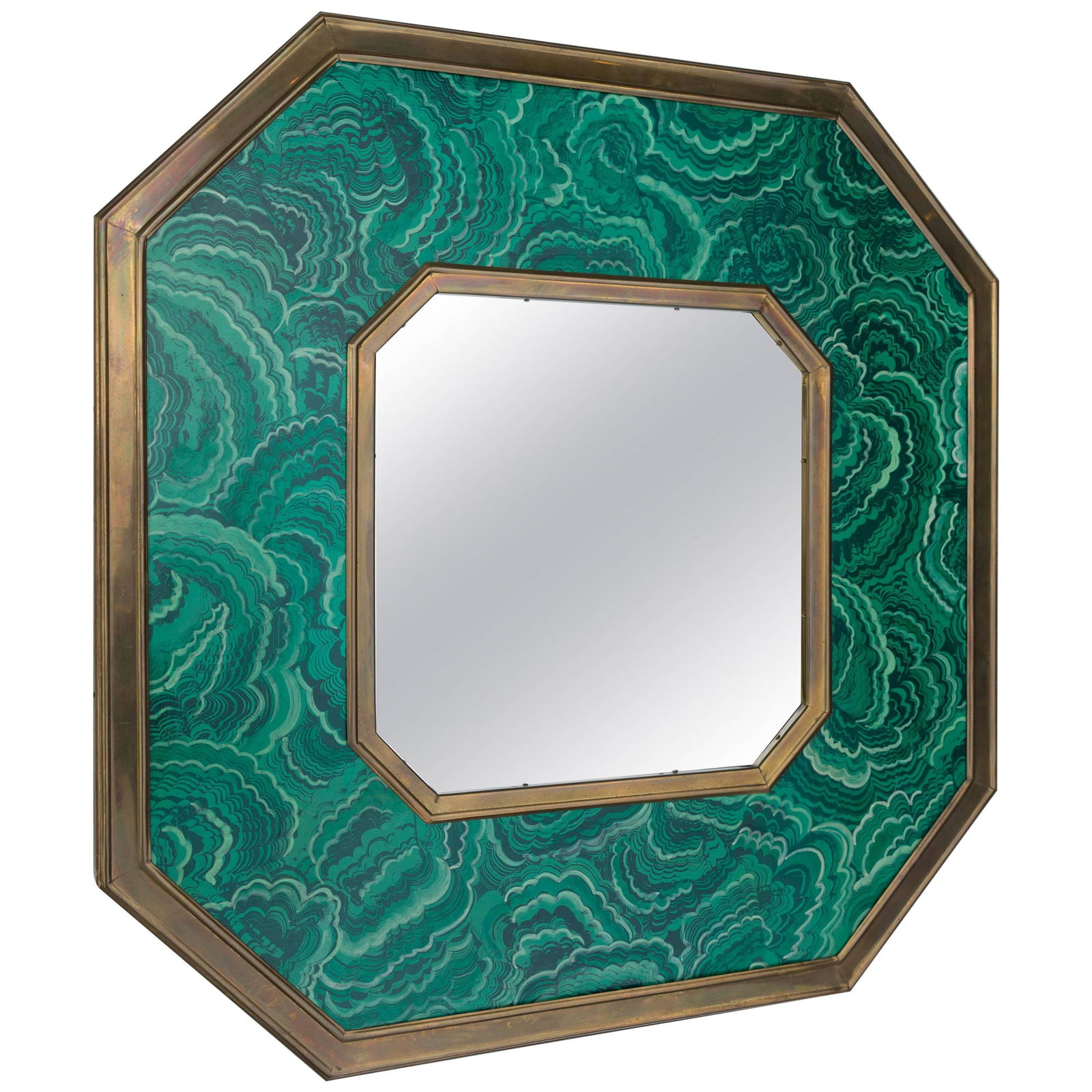 SARRIED Faux Painted Malachite Mirror, C1970: Circa 1979’s Vintage mirror, octagonal shape wide malachite frame with gold toned interior exterior trim, marked for SARREID, mid century modern mirror, vintage mirror, measures app 23.25 width 1 in