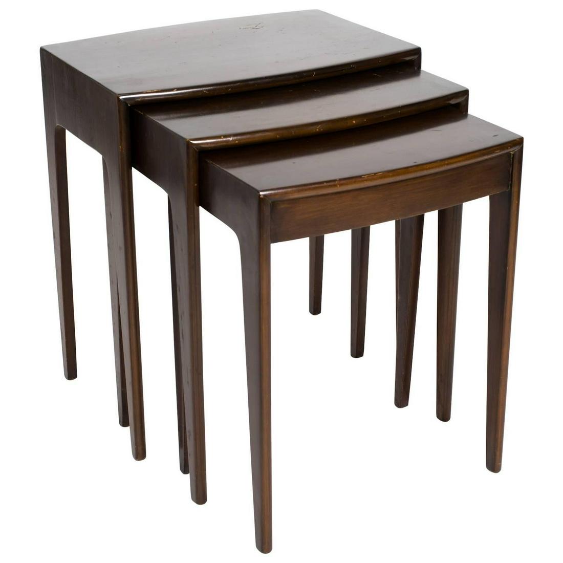 MCM Set 3 Heywood Wakefield wood Nesting Tables: Heywood Wakefield Set of three wood nesting tables tallest measures 24 inches ht, 21 inches width and depth 15 inches, circa 1940’s mid century tables, vintage nesting tables, side tables, end table
