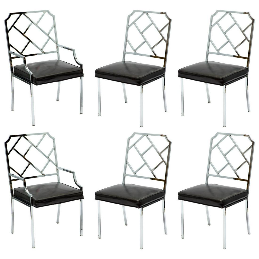MCM Set 6 MILO BAUGHMAN for DIA Chrome Chairs: Six Iconic chrome lattice back dining chairs by Milo Baughman for DIA, Design Institute of America, two arm chairs with four side chairs, set of 6 dining chairs, kitchen chairs, seating, mid century m