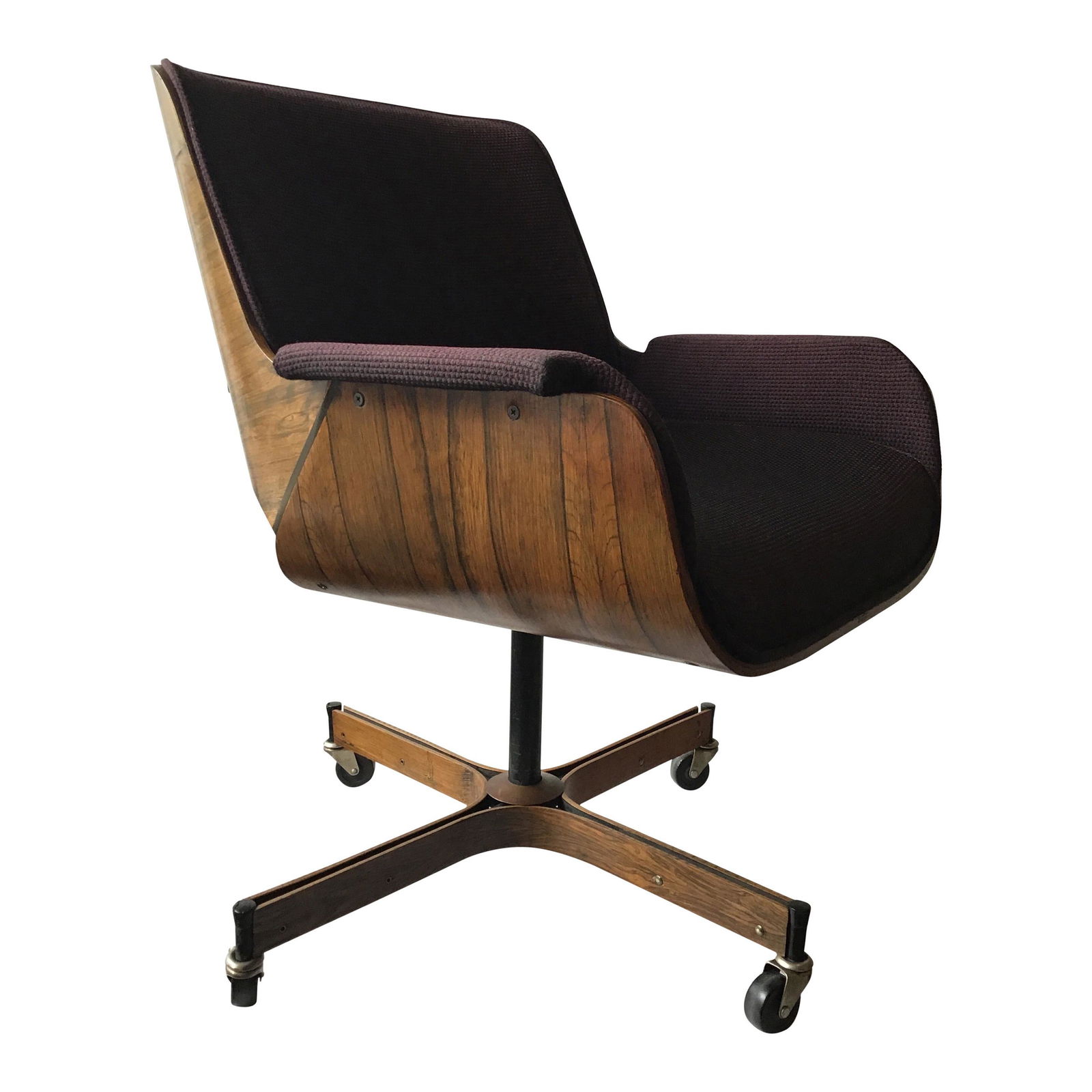 MCM GEORGE MULHAUSER Rosewood Chair PLYCRAFT: George MULHAUSER Rosewood swivel chair for PLYCRAFT, Office chair, Desk chair, Swivel Chair PLYCRAFT CHAIR, GEORGE MULHAUSER Chair, original upholstery has wear, measures height 32 inches width 24.5 i