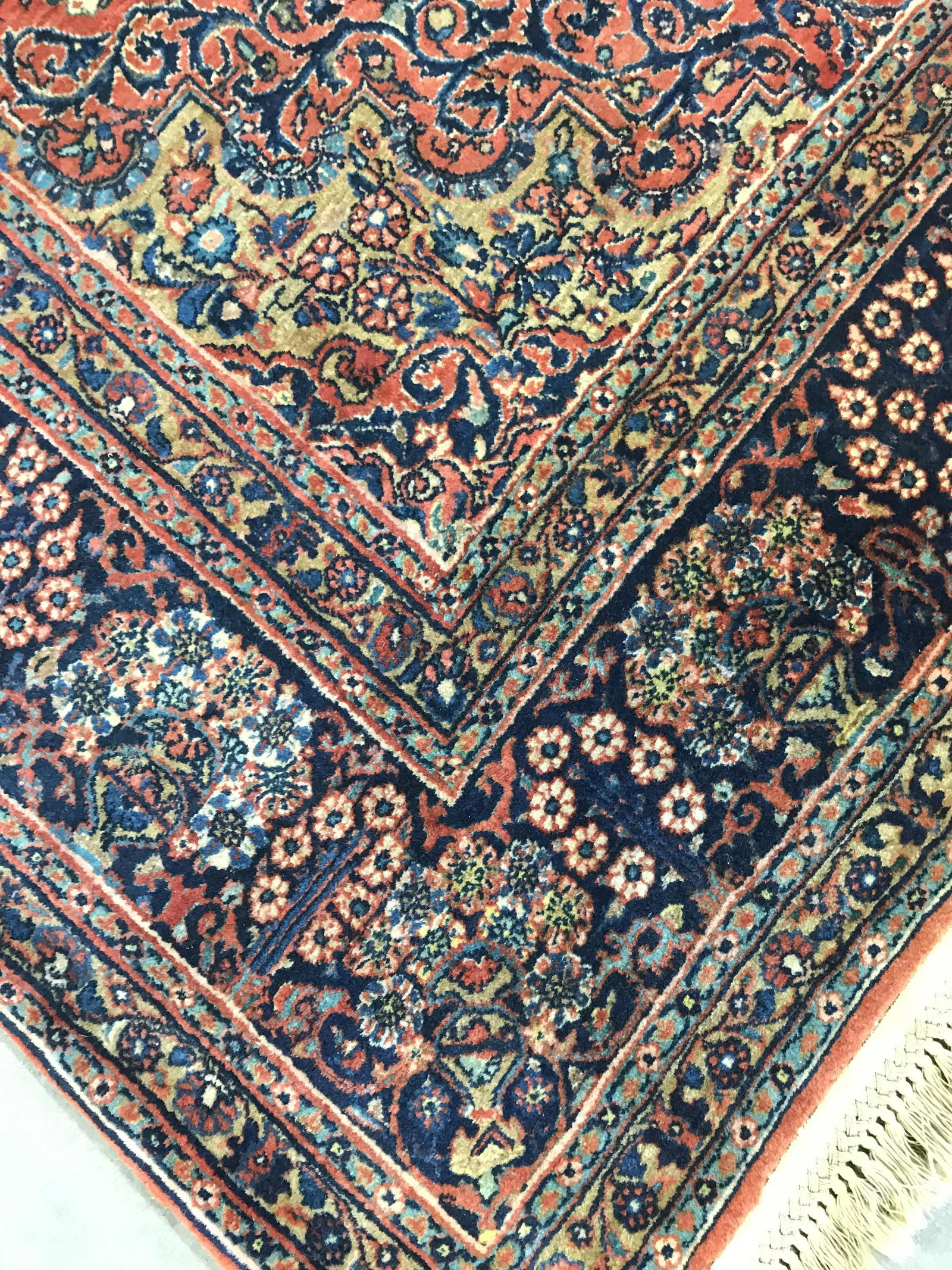 Vintage Room Size Hand Made Oriental Carpet: Deep reds and blues, cram accents, florals geometric, large orient tall carpet, rug, home decor, decorative arts, measures, 119.5 inches by 93 inches, fringe on two sides