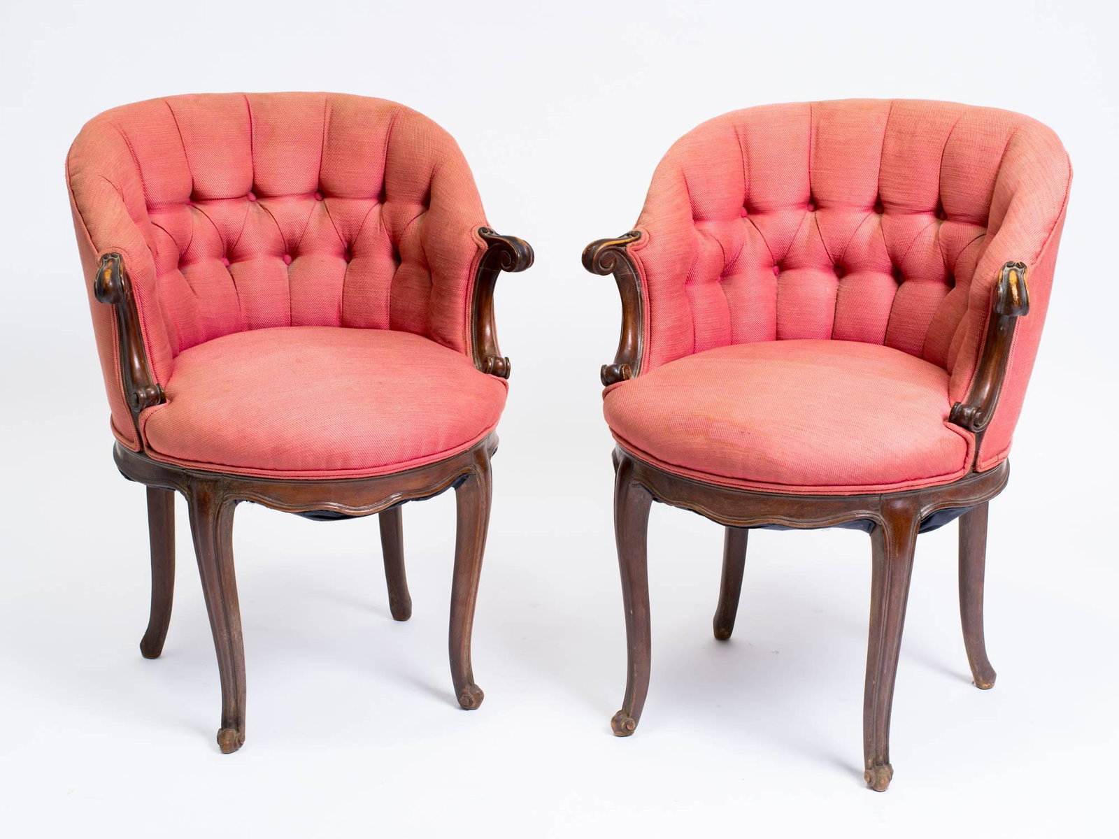 Pair Vintage 1940’s French Upholstered Armchairs: Wood frame with C shape upholstered seat and tufted upholstered back in horse shoe shape, cabriole legs and shaped apron, scrolled arms, circa 1940’s French arm chairs, Bergères, occasional chairs,