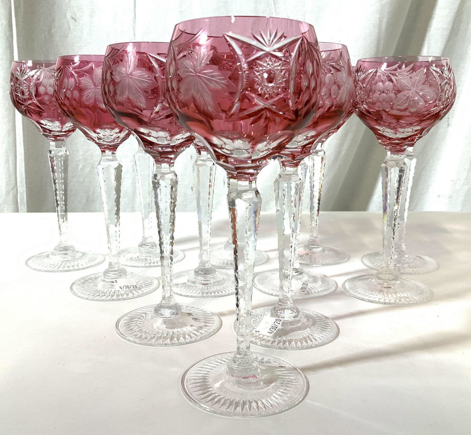 Set 12 Vintage Bohemian Glass Stemware: Cranberry cut to clear tall crystal glass stemware, water goblets, wine glasses, collectible table ware, each measures ht app 9 inches diameter app 3.75 inches, decorative arts, vintage stemware, wine