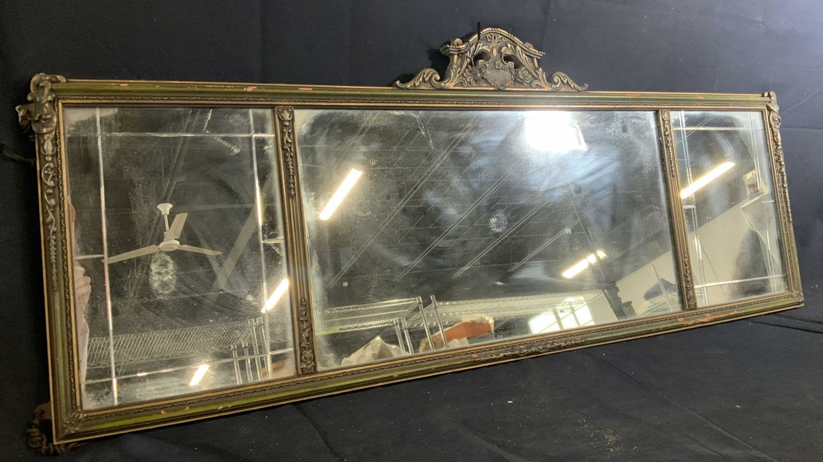 Antique 3 Panel Mantle Mirror: Carved painted mirror, over mantle mirror, vintage possibly antique, green and gold paint has wear, measures ht to cornice 20 inches length app 48 inches, decorative arts, home accent, wall furnishing