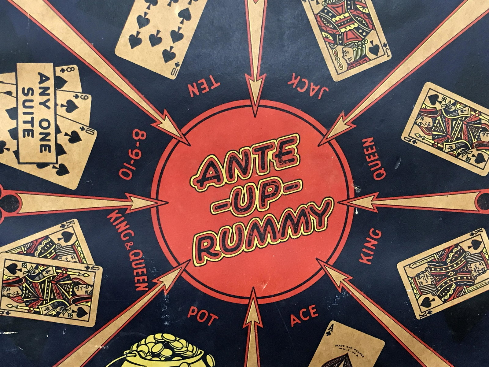 Vintage Collectible Double Sided Game Board: Vintage possibly antique doubled sided game board, one side depicts the game Ante-up-Rummy the other side has the board for Chinese checkers, side shows the different cards and pairings you can use in