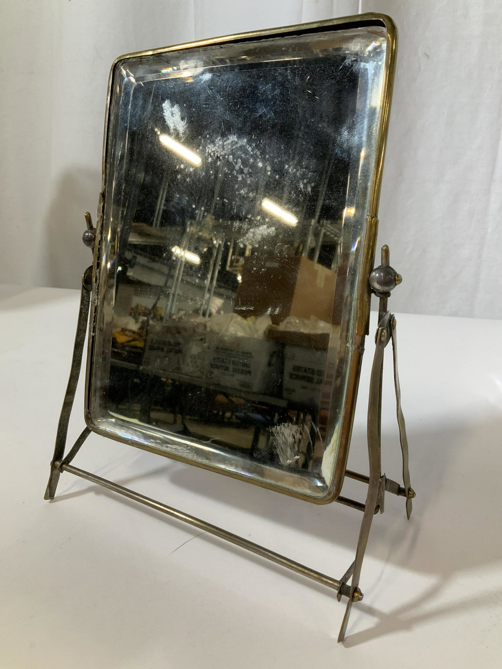 Antique Dresser Top Flip Mirror, Metal Frame Stand: Architectural style, industrial modern style, unusual hand crafted mirror, with sides of steel and brass architects drawing tools, tripods that collapse and fold open in style of drafts and compass, m