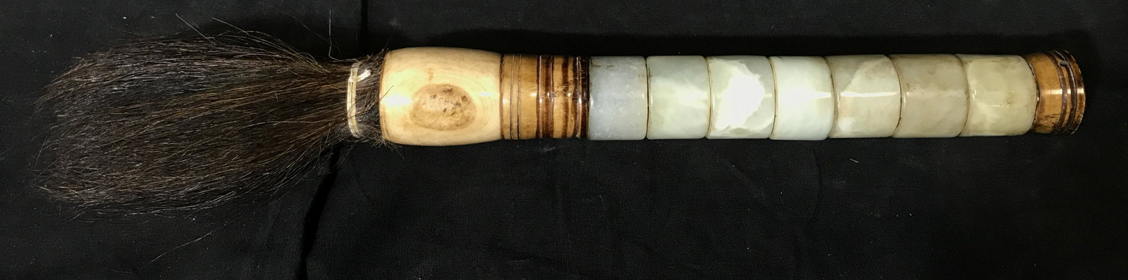 Japanese Hand Carved Jade Calligraphy Brush: Japanese hand carved jade calligraphy brush, possibly Chinese, brush used for the art of calligraphy or shodo, shaft of brush made up of large hand carved jade beads with polished wood cap and tip, br