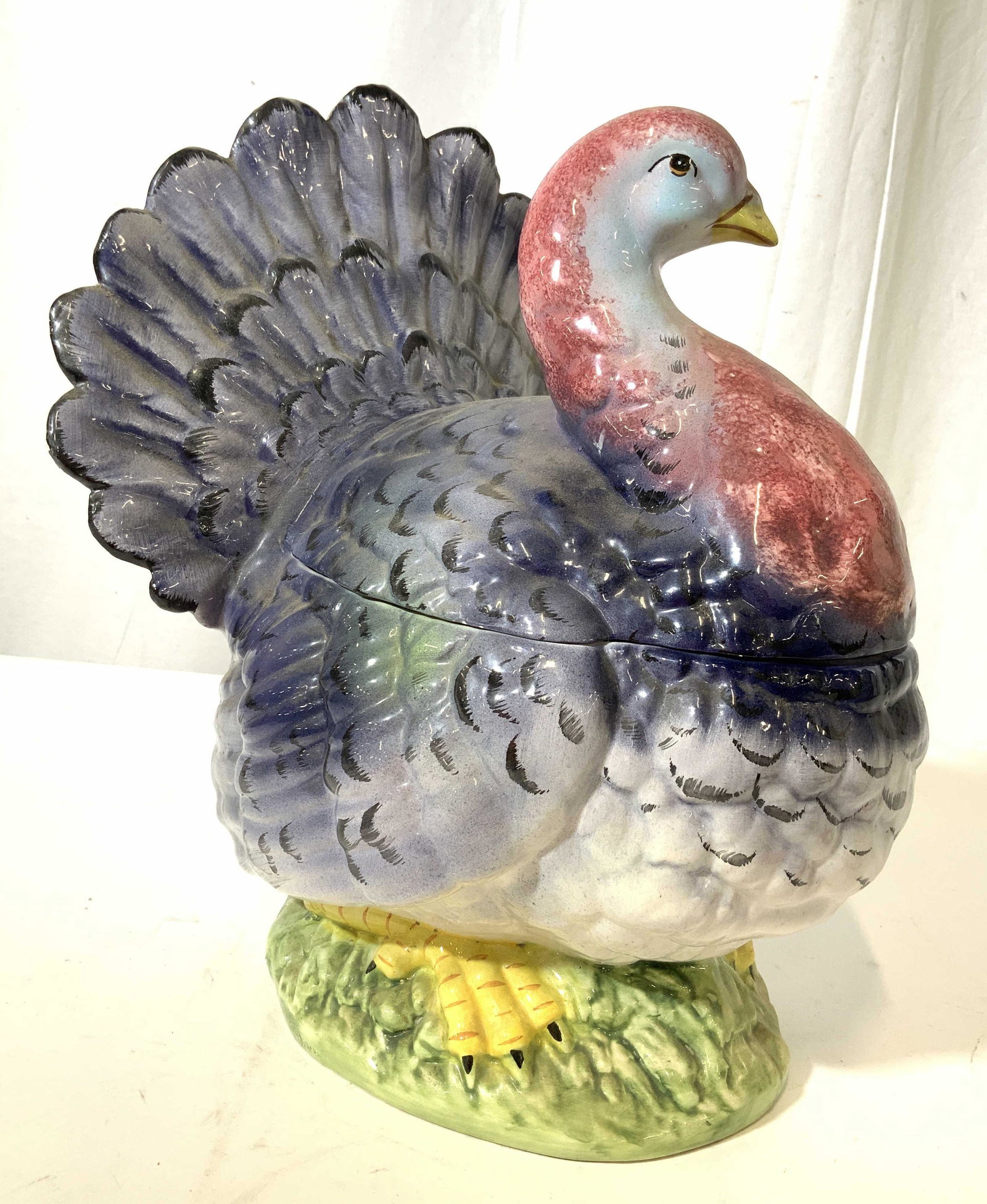SHAFFORD Italy Centerpiece Ceramic Turkey: Label underside for Staffordshire, Italy, large ceramic porcelain lidded a Turkey Tureen, bowl, vessel, centerpiece, turkey is painted in tones of plum, violet pinks greens and yellow, festive table w