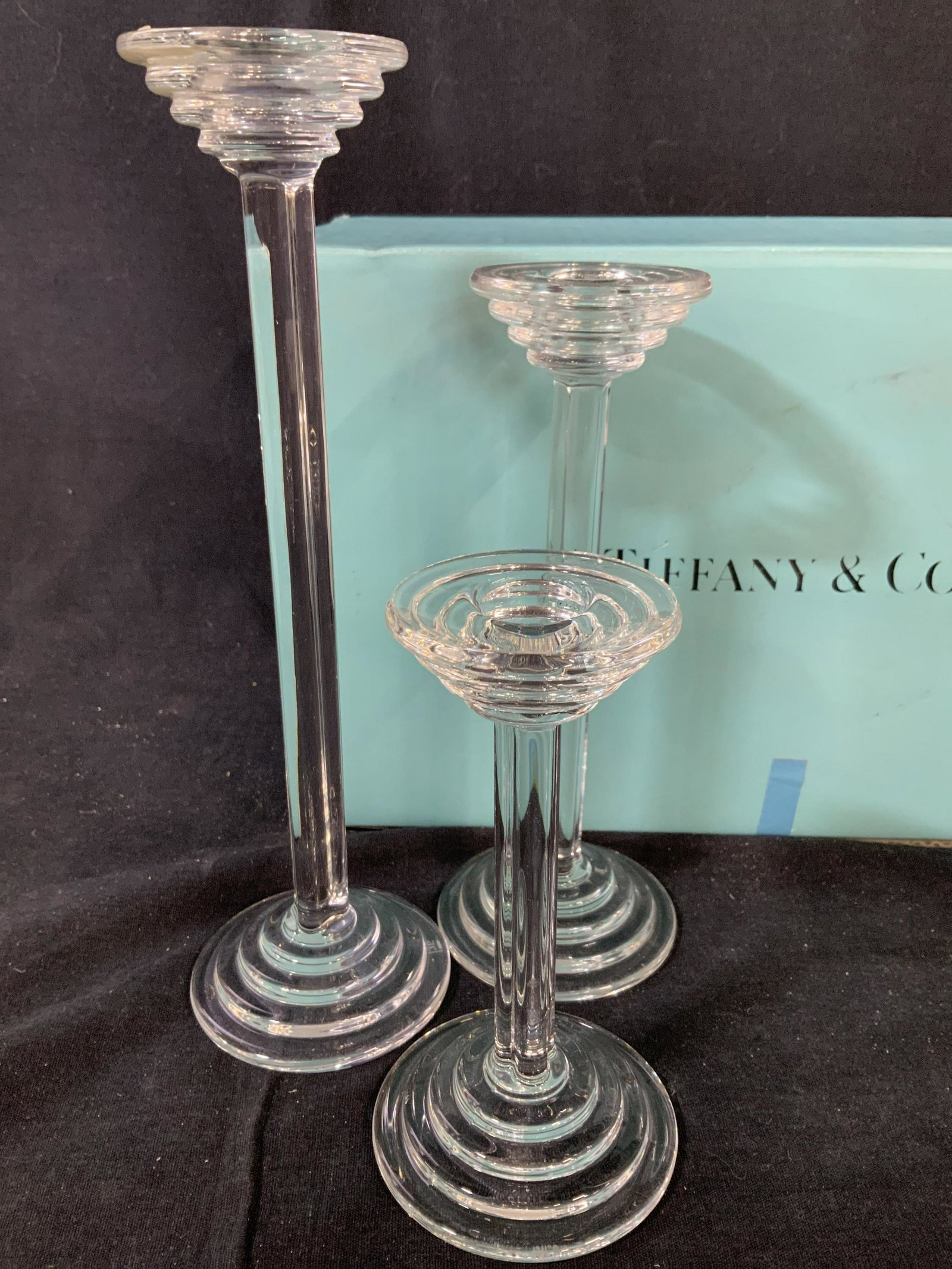 Set 3 RIEDEL crystal Candlesticks in Tiffany Box: Three contemporary styled crystal candles sticks, tallest measures ht 10 inches marked underside for RIEDEL, found wrapped in Tiffany Box, table ware, candle holders, decorative accessories