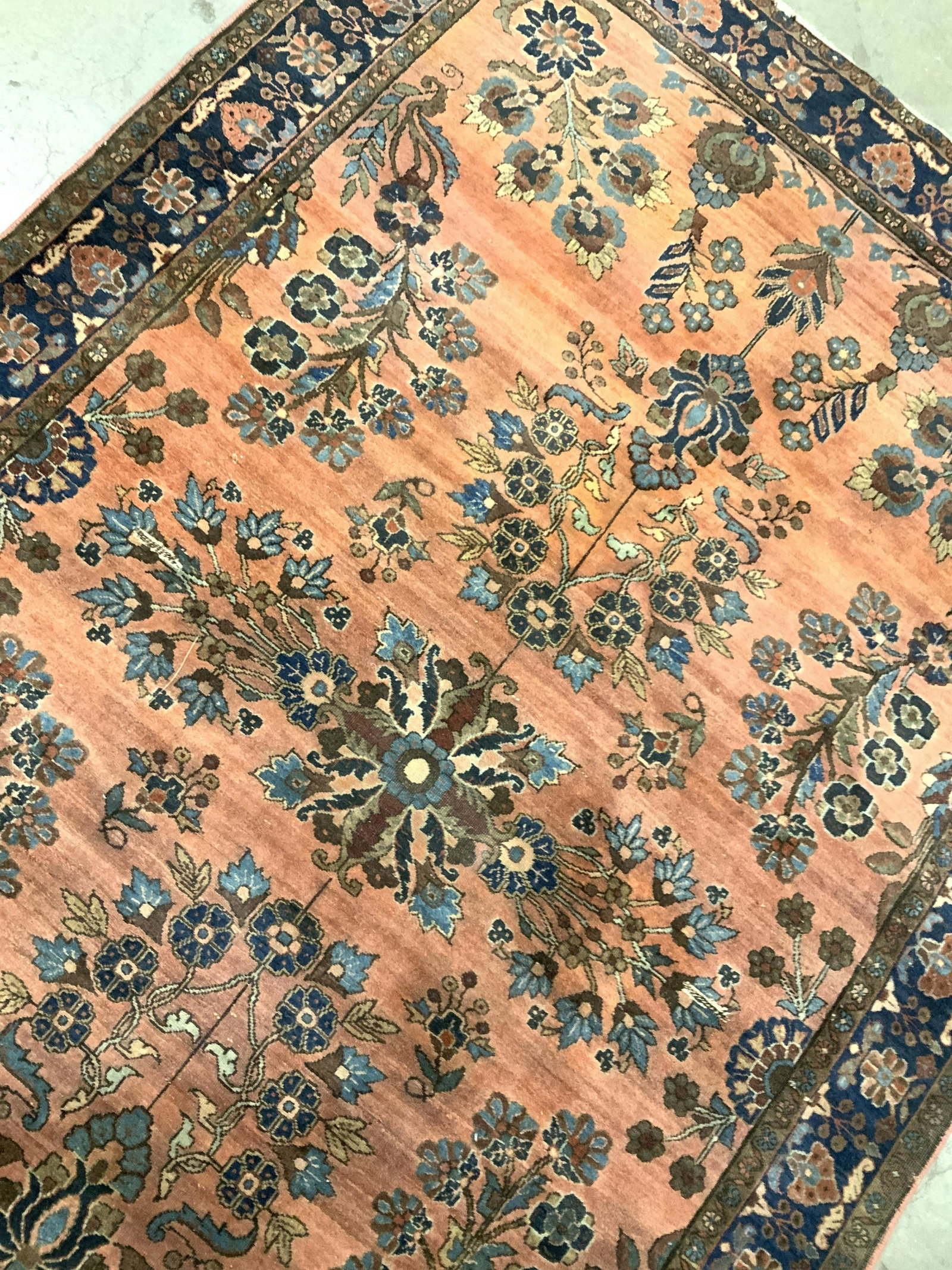 Antique Oriental Coral Toned Carpet: Floral design, wide border, overall tones of coral, measures 76 by 48 inches, hand made wool rug, area rug, Asian arts and Crafts, Home Decor, Asian decorative arts, home furnishings, has some wear so