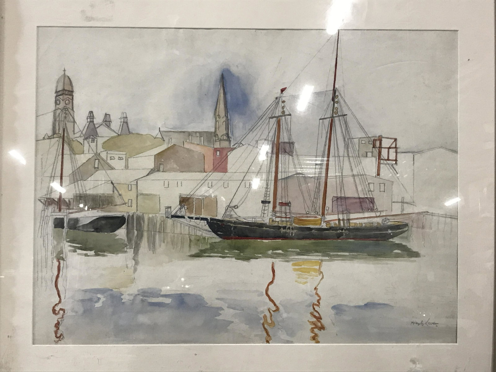 Signed Watercolor and Pencil Hayley Lever: Signed watercolor and pencil painting on paper, signature in pencil in the lower right corner Hayley Lever, subject ships at dock at a port town, slight foxing to paper, white matting, protective glas