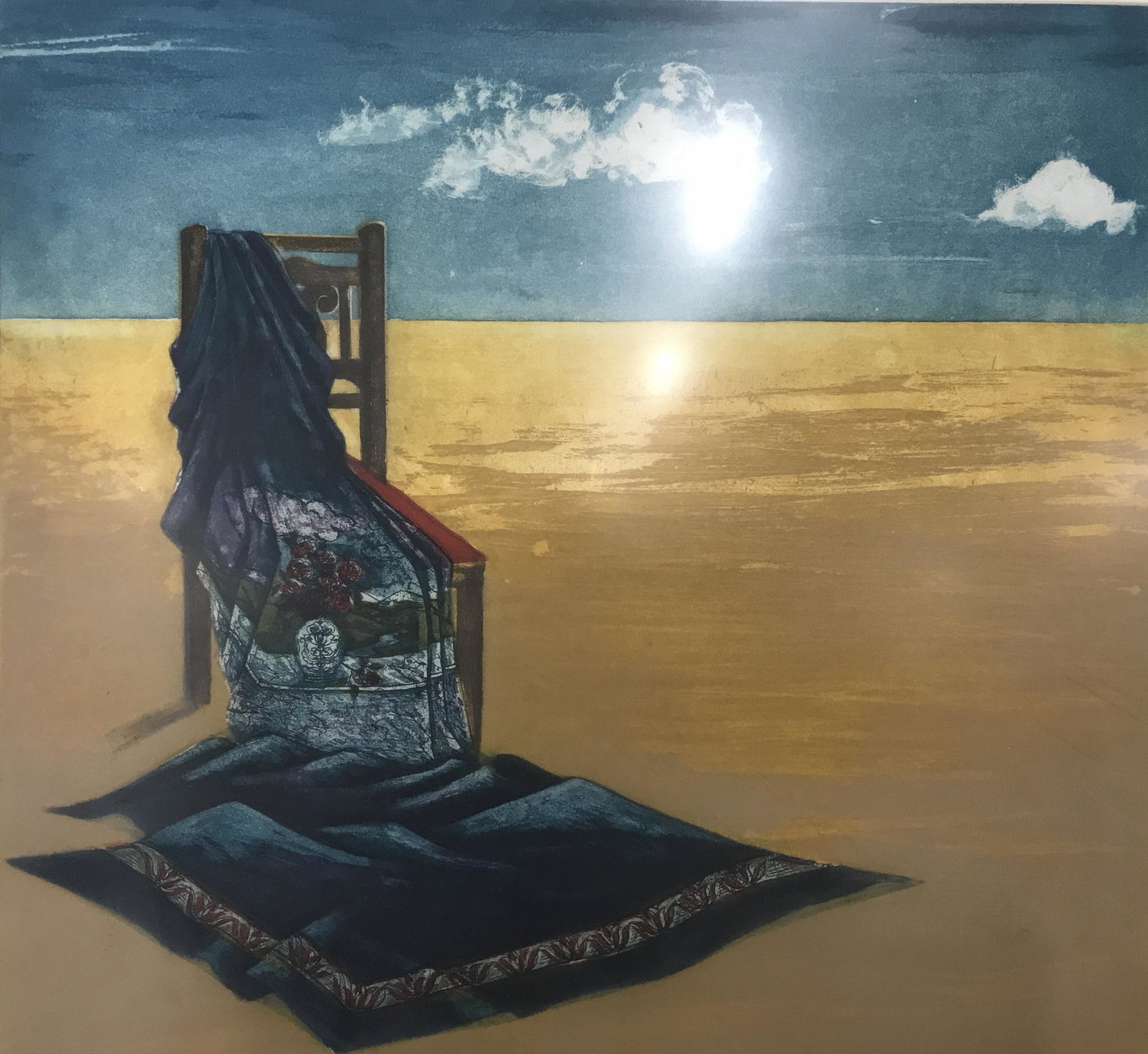 Signed Limited Edition Lithograph Arona: Signed lithograph, signature and date in the lower right corner in pencil reads ‘Arona 81’, edition in pencil in the lower left corner reads ‘6/25’, subject chair with ornately designed blue f