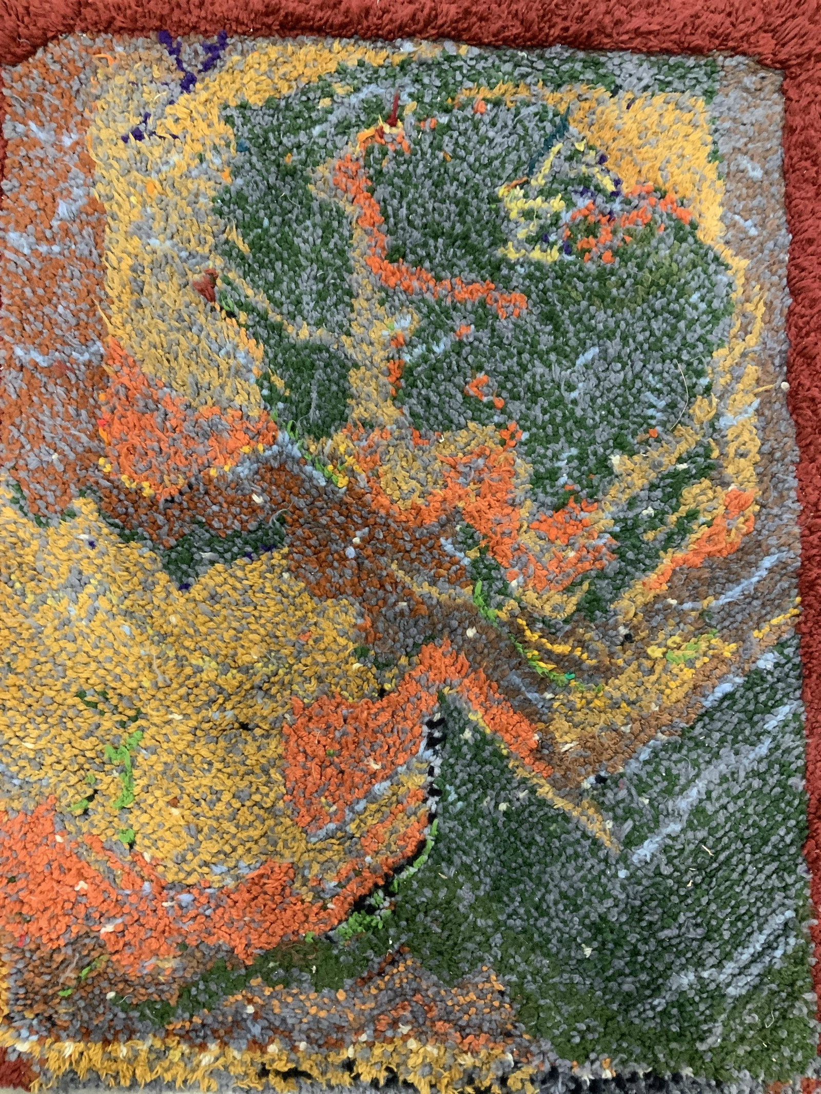 Long Yarn Wool Hand Made Carpet: Area rug, carpet, earth tones measures 35 by 44 inches, mid century style, MCM, hand made wool rug, area rug, arts and Crafts, Home Decor, home furnishings, decorative arts, home furnishings, has some