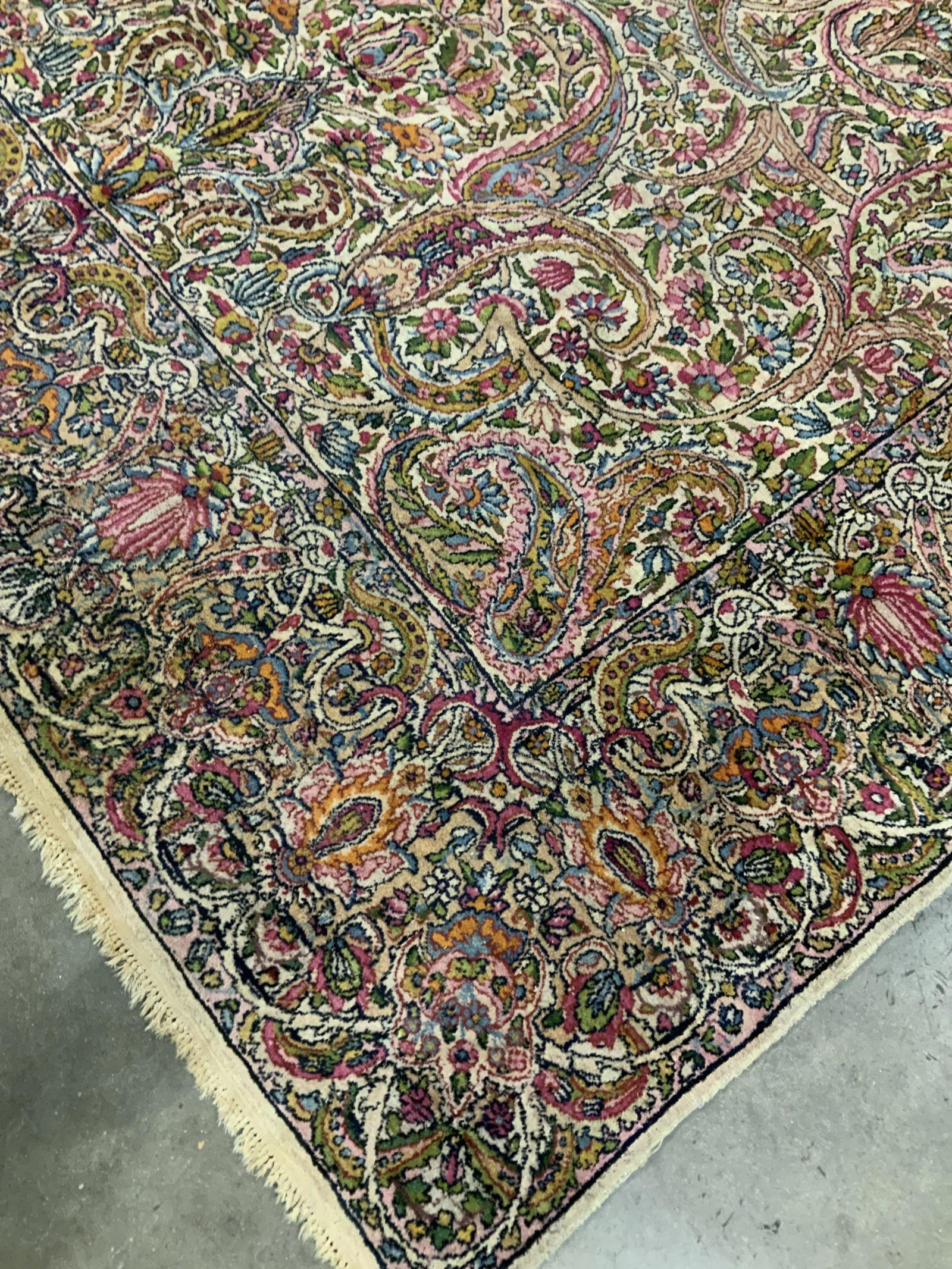 Antique Kerman Hand Made Wool Carpet: Antique Wool Kerman Carpet, rich tones deep pinks, gold and cream tones, hand made wool rug, area rug, arts and Crafts, Home Decor, home furnishings, decorative arts, has some wear some color fading c