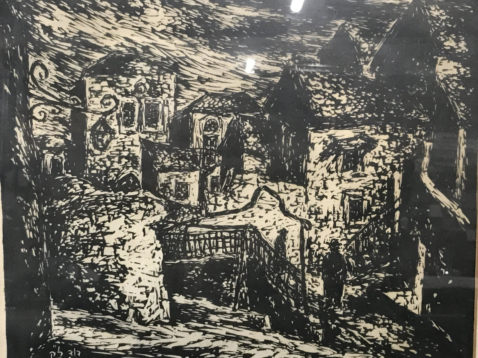 Signed Wood Cut David Sacke: Signed wood Cut, signature and text in the lower left corner reads ‘ph 2/2 Sacke 44’, writing along the bottom in pencil slightly illegible what can be made out reads ‘Jerusalem, Jewish Quarters