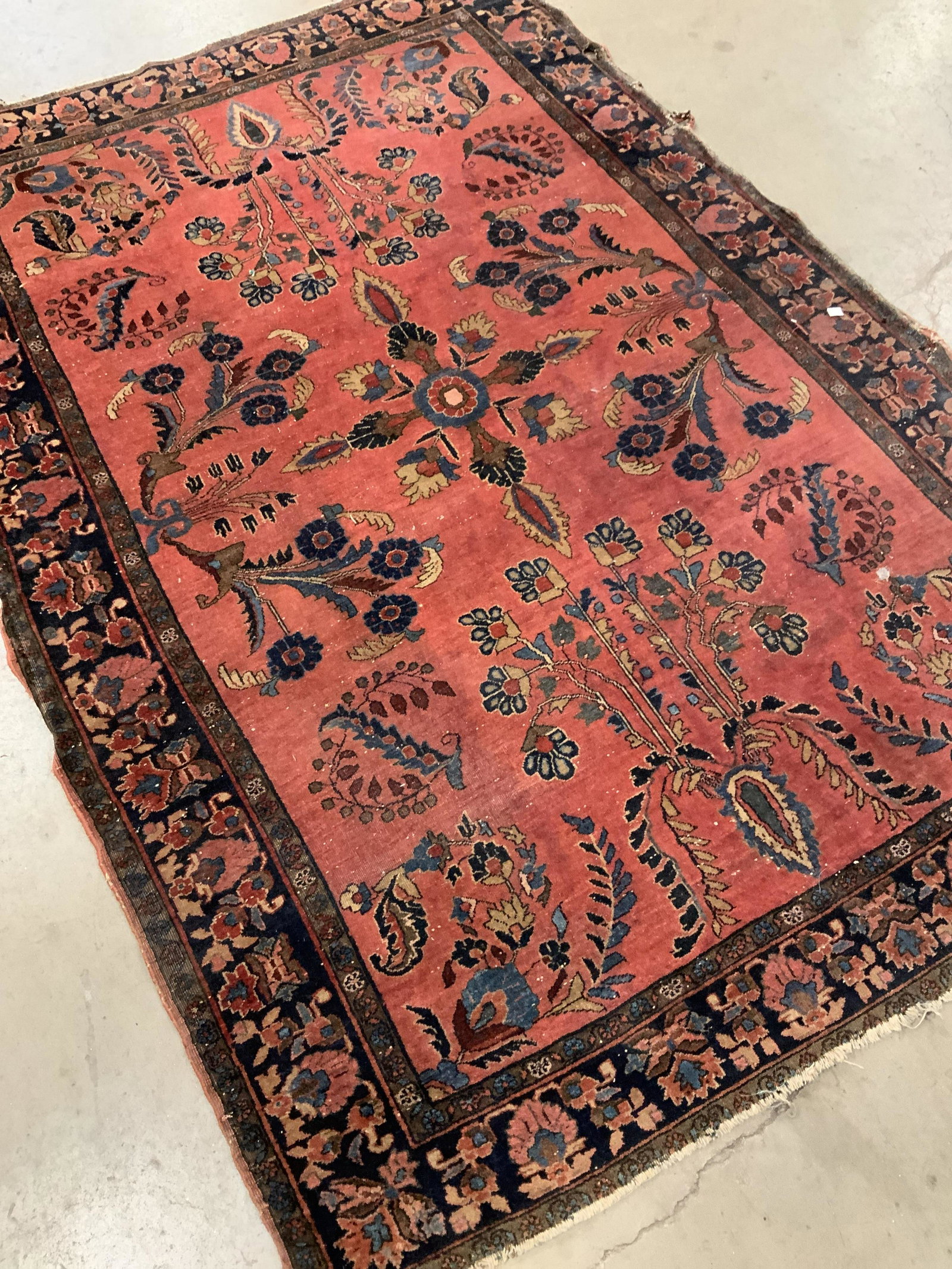 Antique Oriental Hand Made Carpet: Deep reds and blues, hand made wool carpet, has some holes at edges, wear and losses, measures 74 by 48 inches, hand made wool rug, area rug, arts and Crafts, Home Decor, home furnishings, decorative 