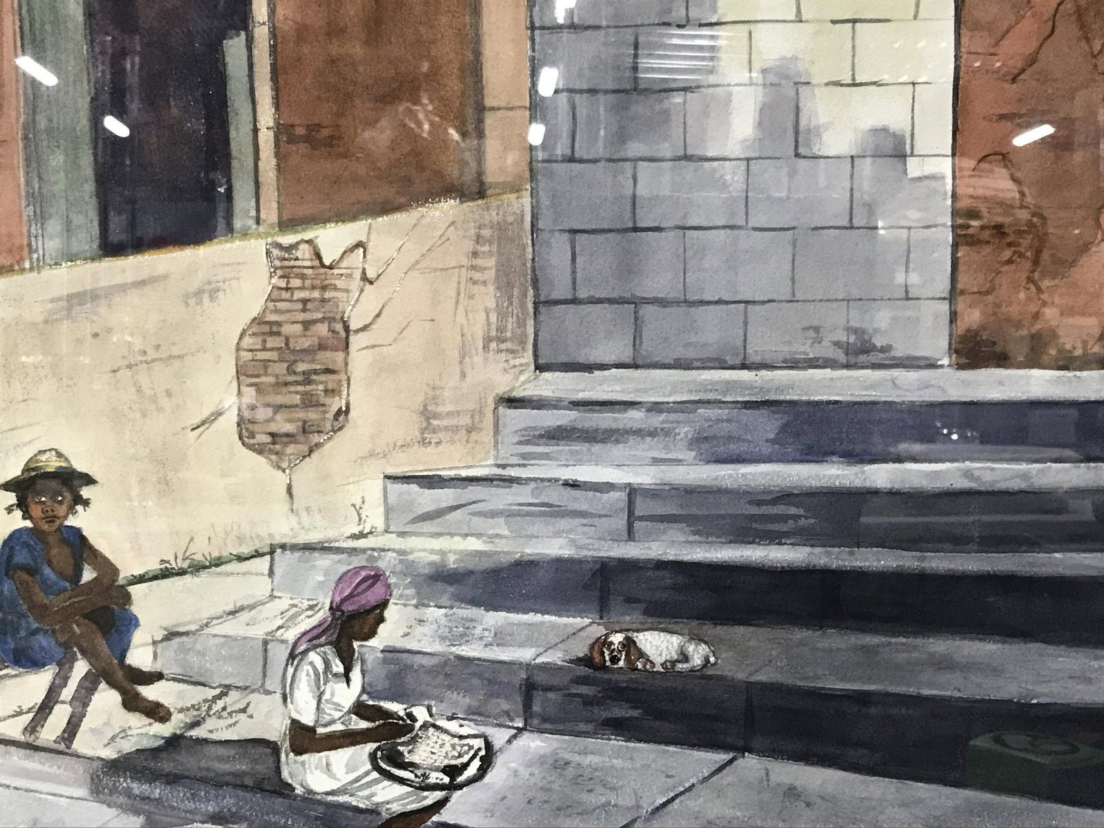 Signed Watercolor ‘The Homeless Pup’ Rex Chait: Signed Watercolor painting on paper, signed in the lower right corner Rex Chait, subject two figures sitting on stairs with a puppy next to a run down building, text written in marker on reverse reads