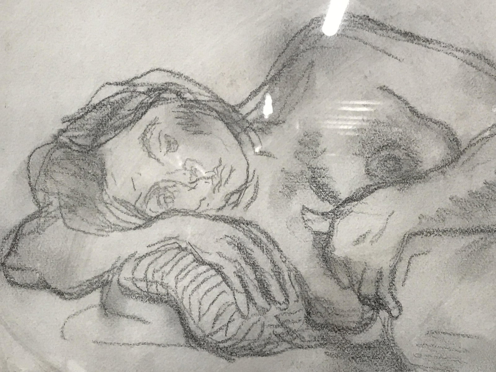 Signed Double Sided Pencil Nudes Moses Sawyer: Signed double sided pencil female nudes, signed in the lower center section M. Sawyer, forward side shows reclining female nude laying her head on a pillow and holding her stomach, white linen matting
