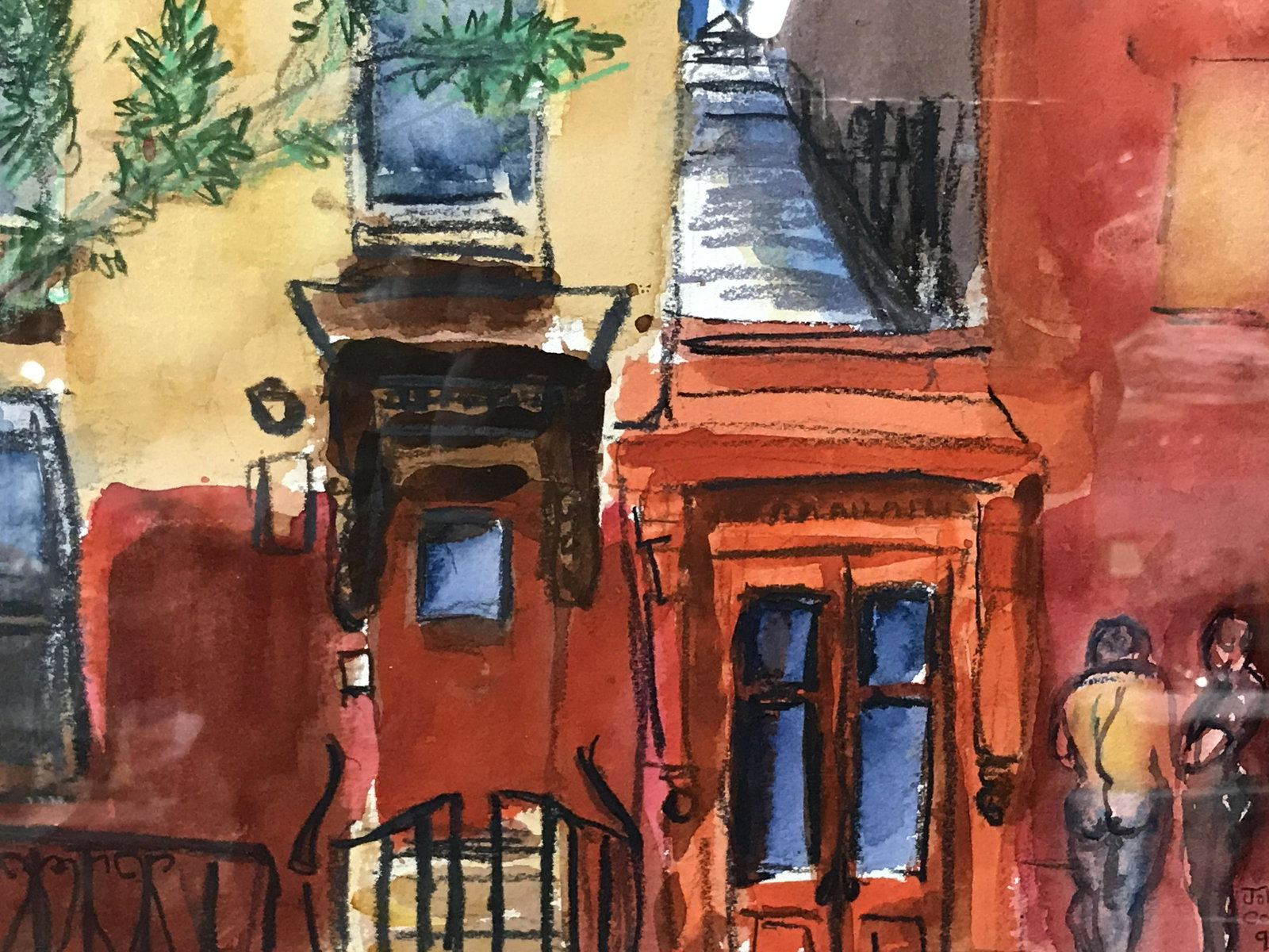 Signed Watercolor John Connors: Signed watercolor painting on paper, signature and date in the lower right corner reads ‘John Connors 99’, subject two figure standing outside a group of buildings, dark brown wooden frame, protec