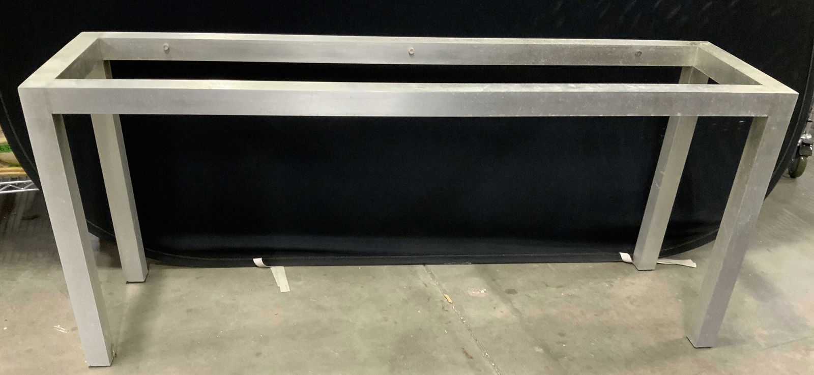 Streamlined Aluminum Console Table: Rectangular shape with rectangular metal frame, parsons style table, console table, sofa table, side board, hall table, needs glass or stone top, measures ht app 26.5 inches length 60 inches, depth 16