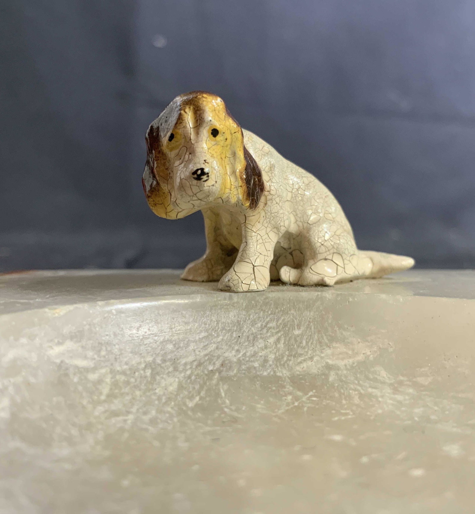 Marble Dog Form Trinket Dish, Accessory: Marble rectangular form with depression bowl and dog figural at edge, collectible trinket dish, bowl, table ware, decorative object, measures 4 by 3.5 inches, ht app 2.5 inches, small rim chip