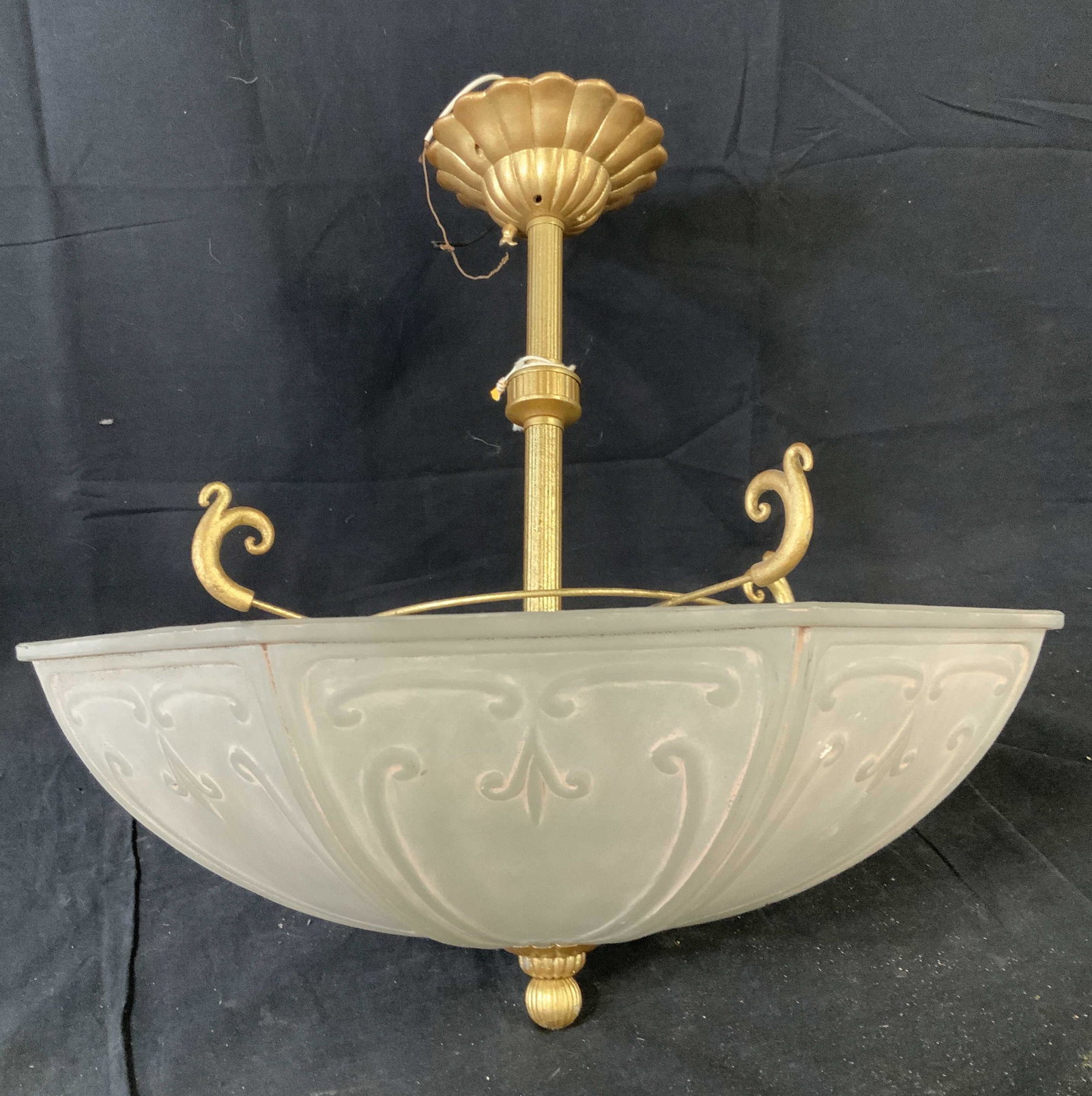 Frosted Glass Gilded Metal Chandelier: Light fixture, ceiling light, chandelier, home furnishings, home lighting, bowl form frosted glass brightly gilded center arm and scrolls, , holds three bulbs diameter app 18.5 inches ht app 21 inches